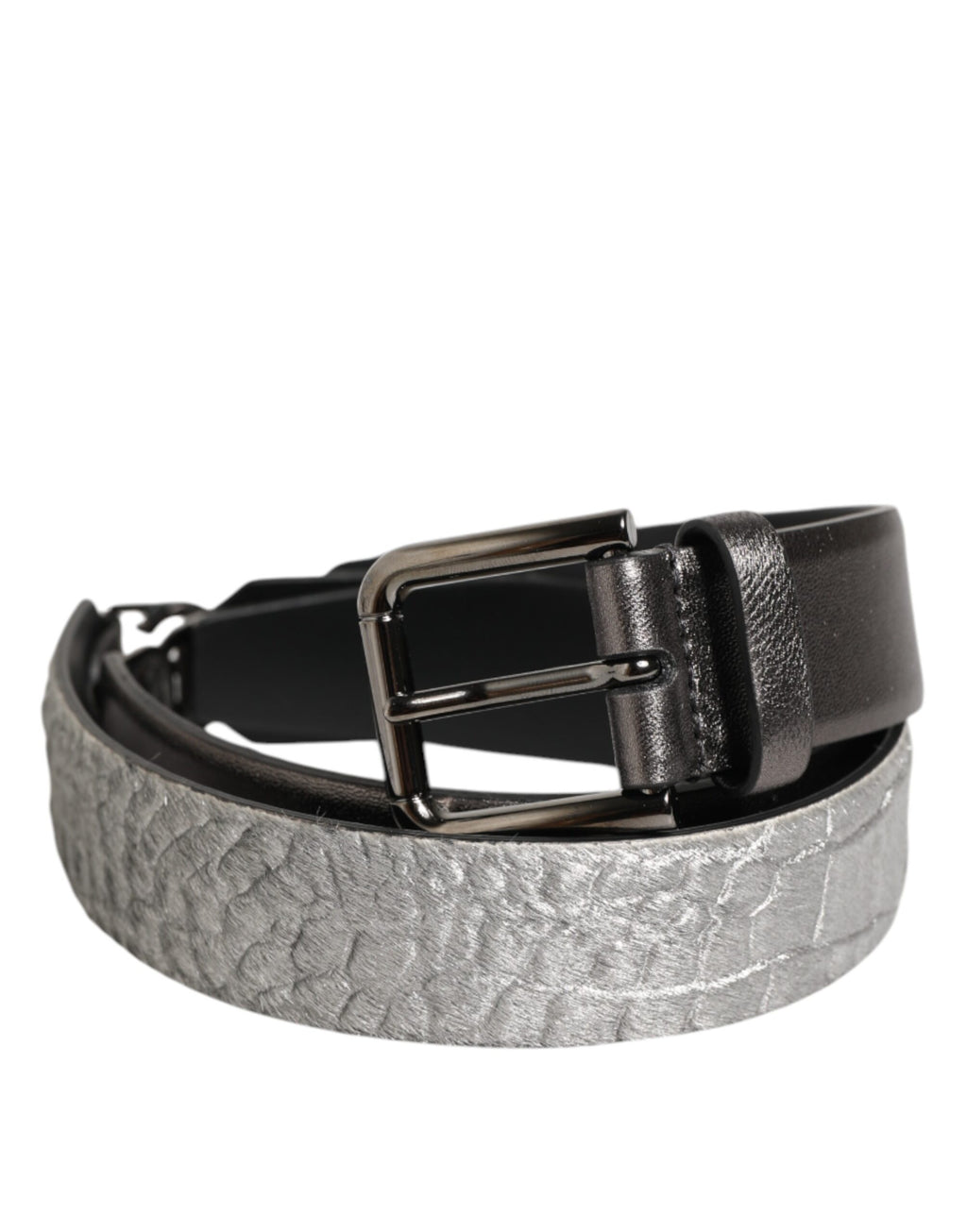 Dolce & Gabbana Black Silver Pebbled Texture Leather Buckle Men Belt - Zeiniez