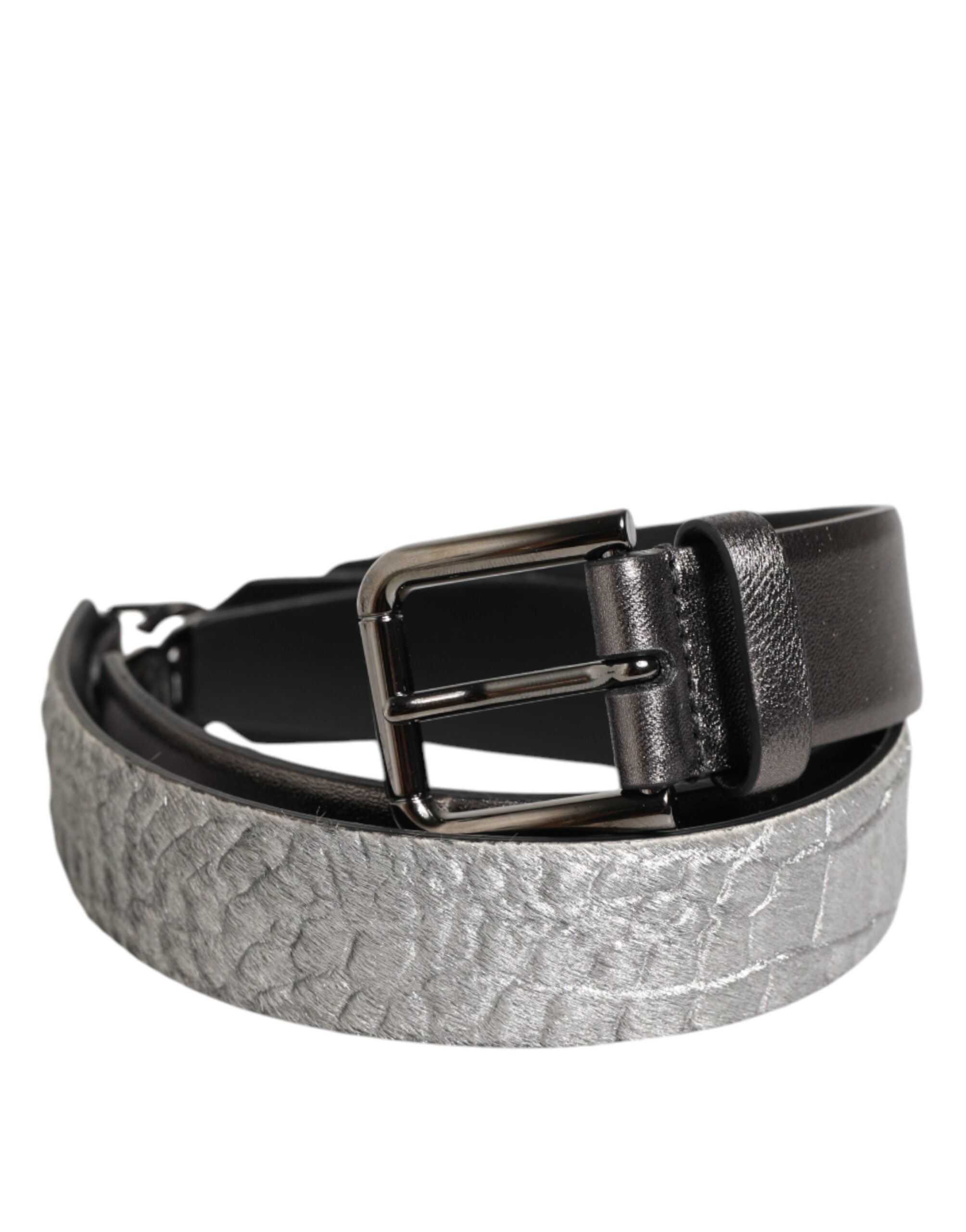 Dolce & Gabbana Black Silver Pebbled Texture Leather Buckle Men Belt - Zeiniez