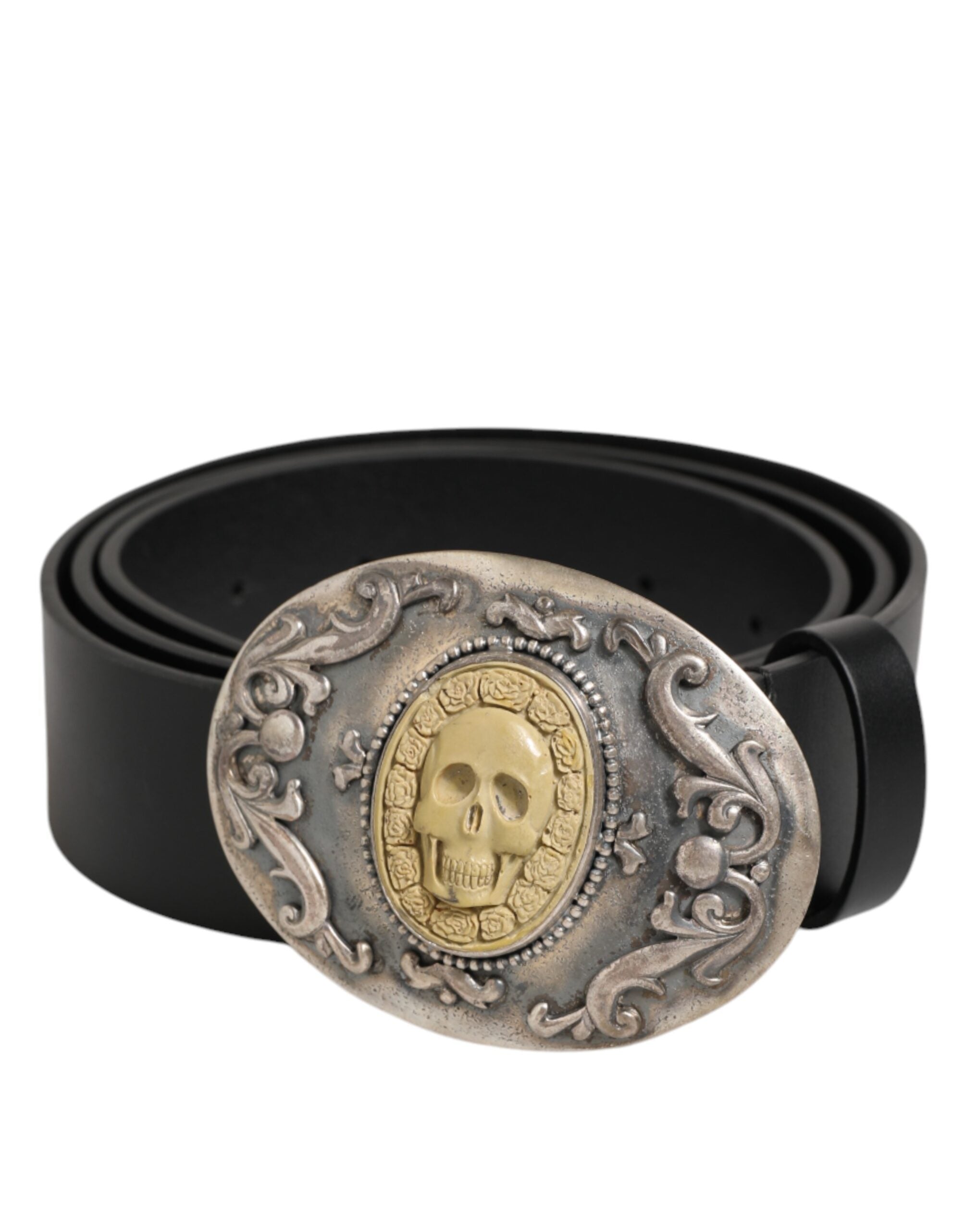 Dolce & Gabbana Black Leather Ornate Metal Buckle Men Belt - Zeiniez