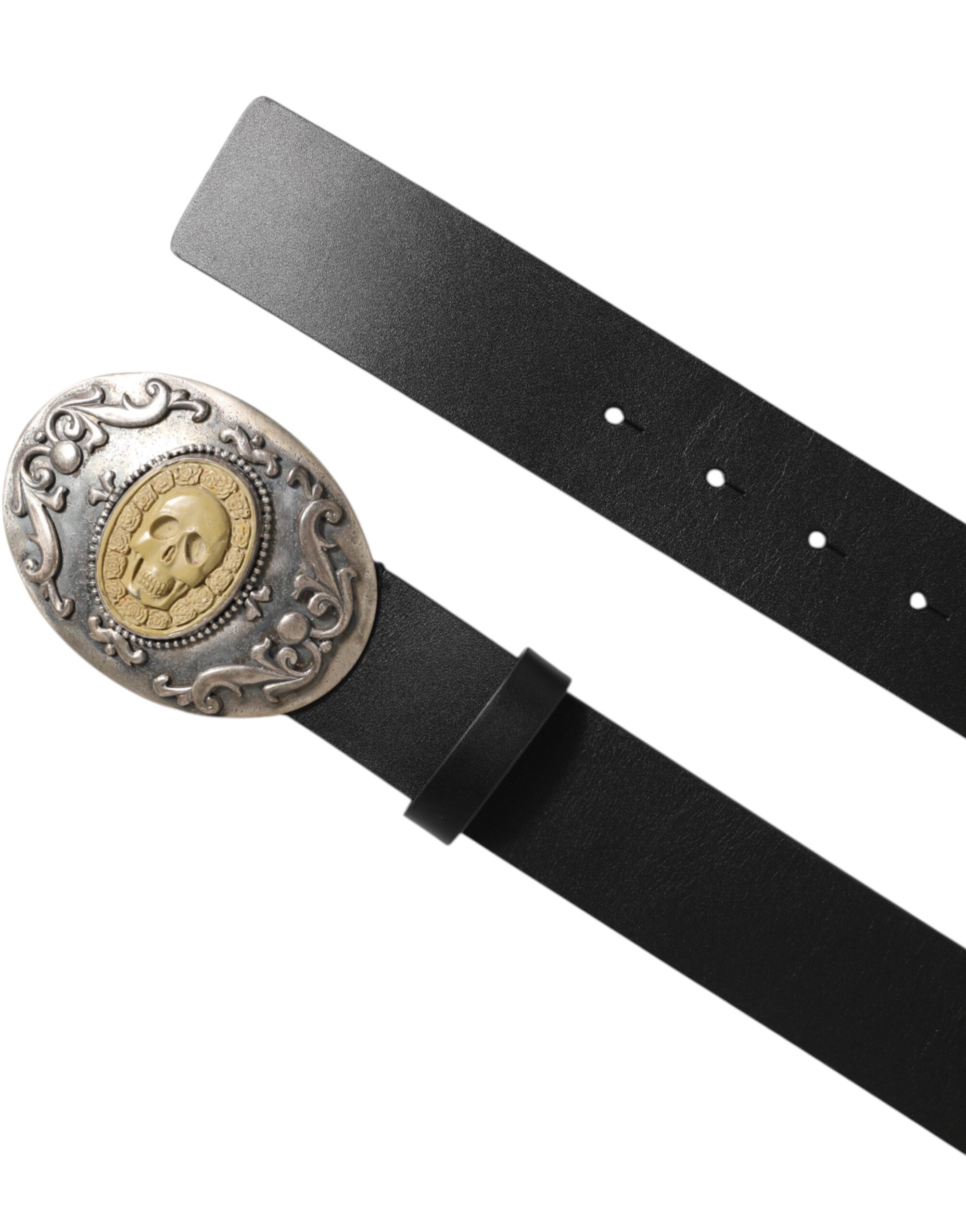 Dolce & Gabbana Black Leather Ornate Metal Buckle Men Belt - Zeiniez