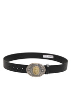 Dolce & Gabbana Black Leather Ornate Metal Buckle Men Belt - Zeiniez
