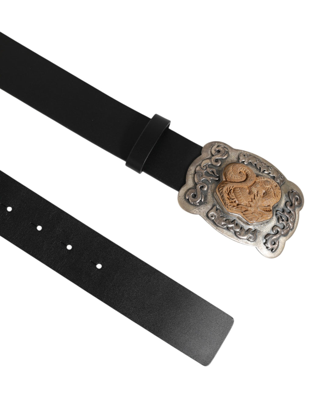 Dolce & Gabbana Black Leather Gothic Dragon Metal Buckle Belt - Zeiniez