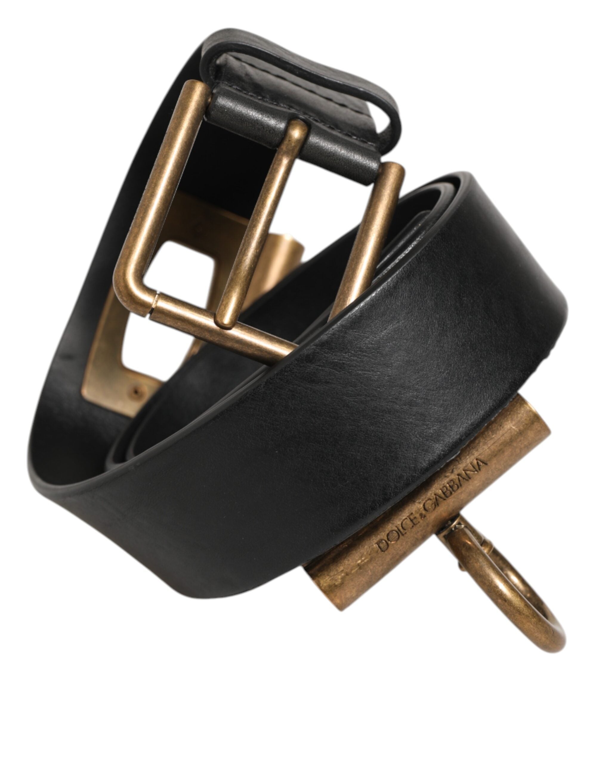 Dolce & Gabbana Black Leather Side Rings Brass Buckle Belt - Zeiniez