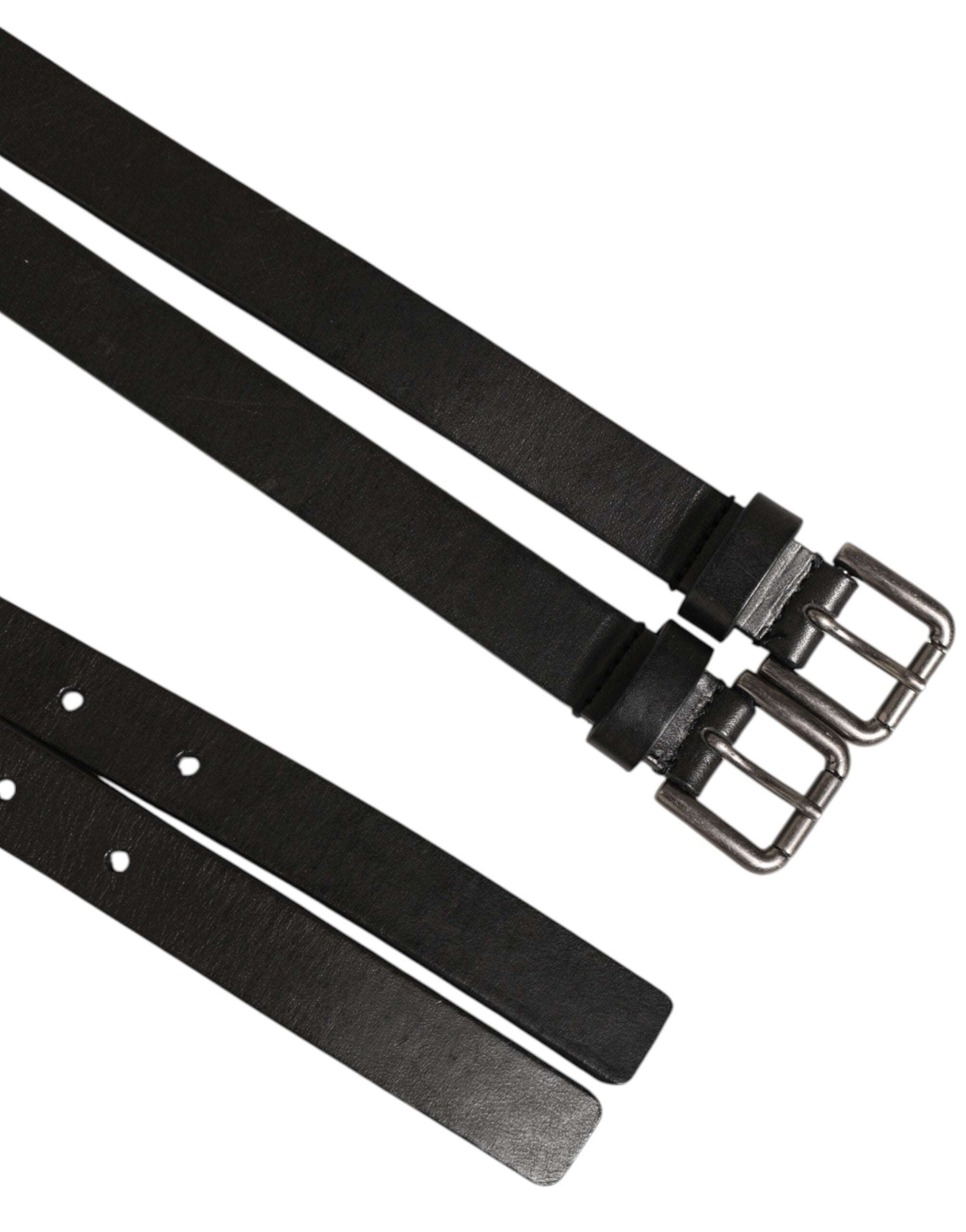 Dolce & Gabbana Black Double Strap Leather Silver Buckle Belt - Zeiniez