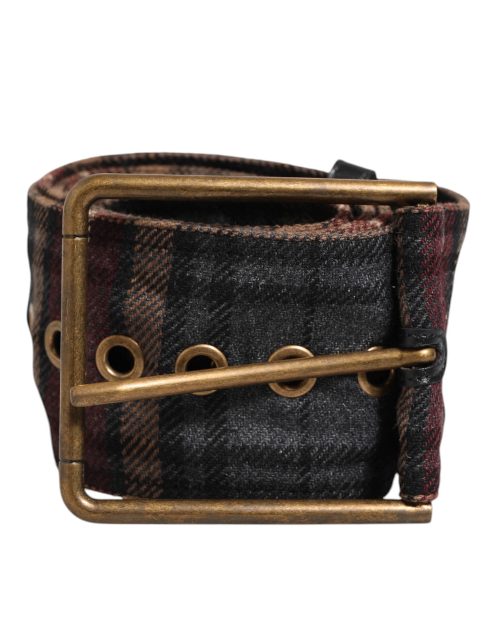 Dolce & Gabbana Plaid Fabric Logo Plate Brass Buckle Belt - Zeiniez