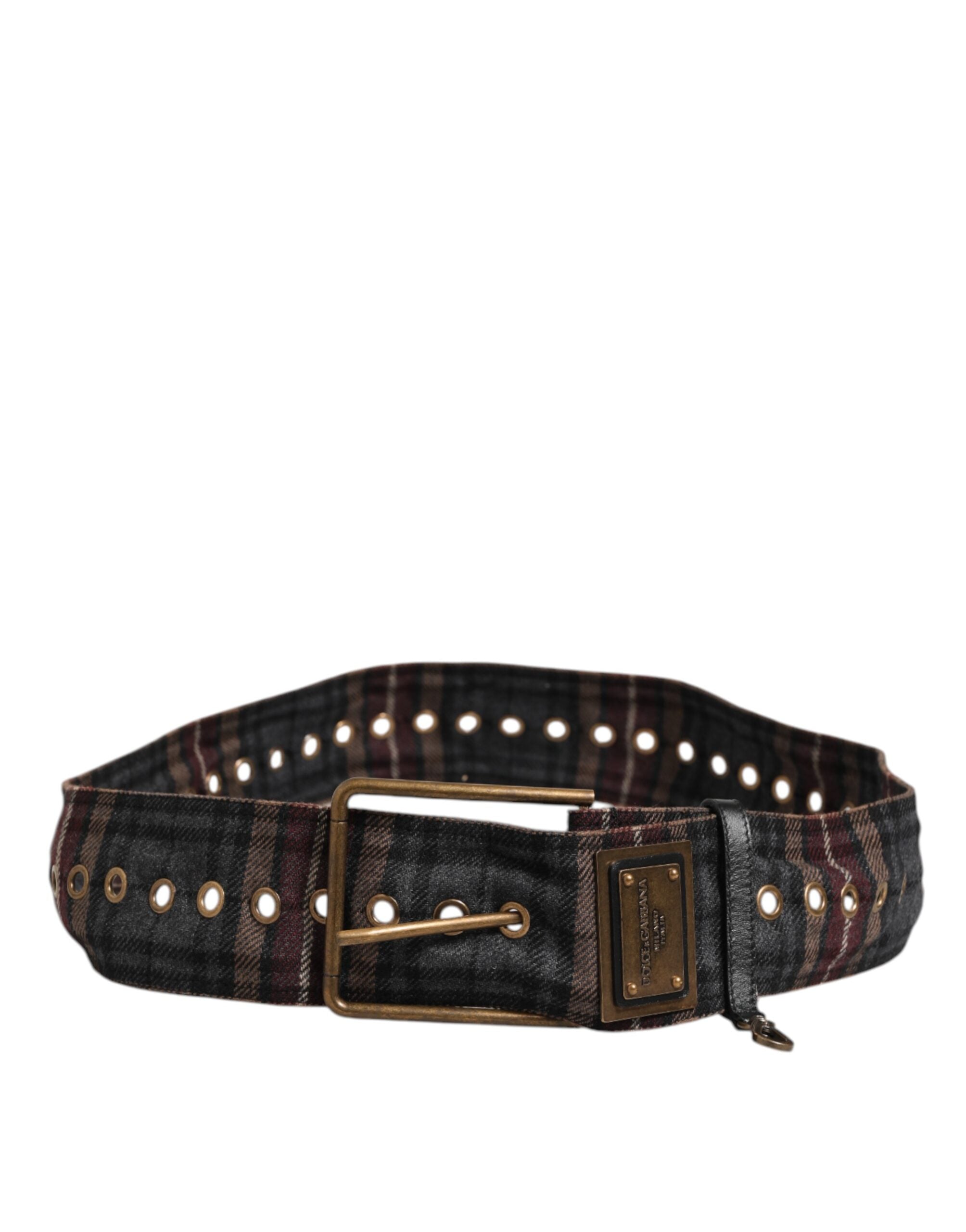 Dolce & Gabbana Plaid Fabric Logo Plate Brass Buckle Belt - Zeiniez