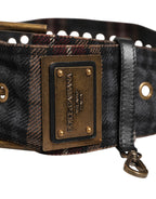 Dolce & Gabbana Plaid Fabric Logo Plate Brass Buckle Belt - Zeiniez