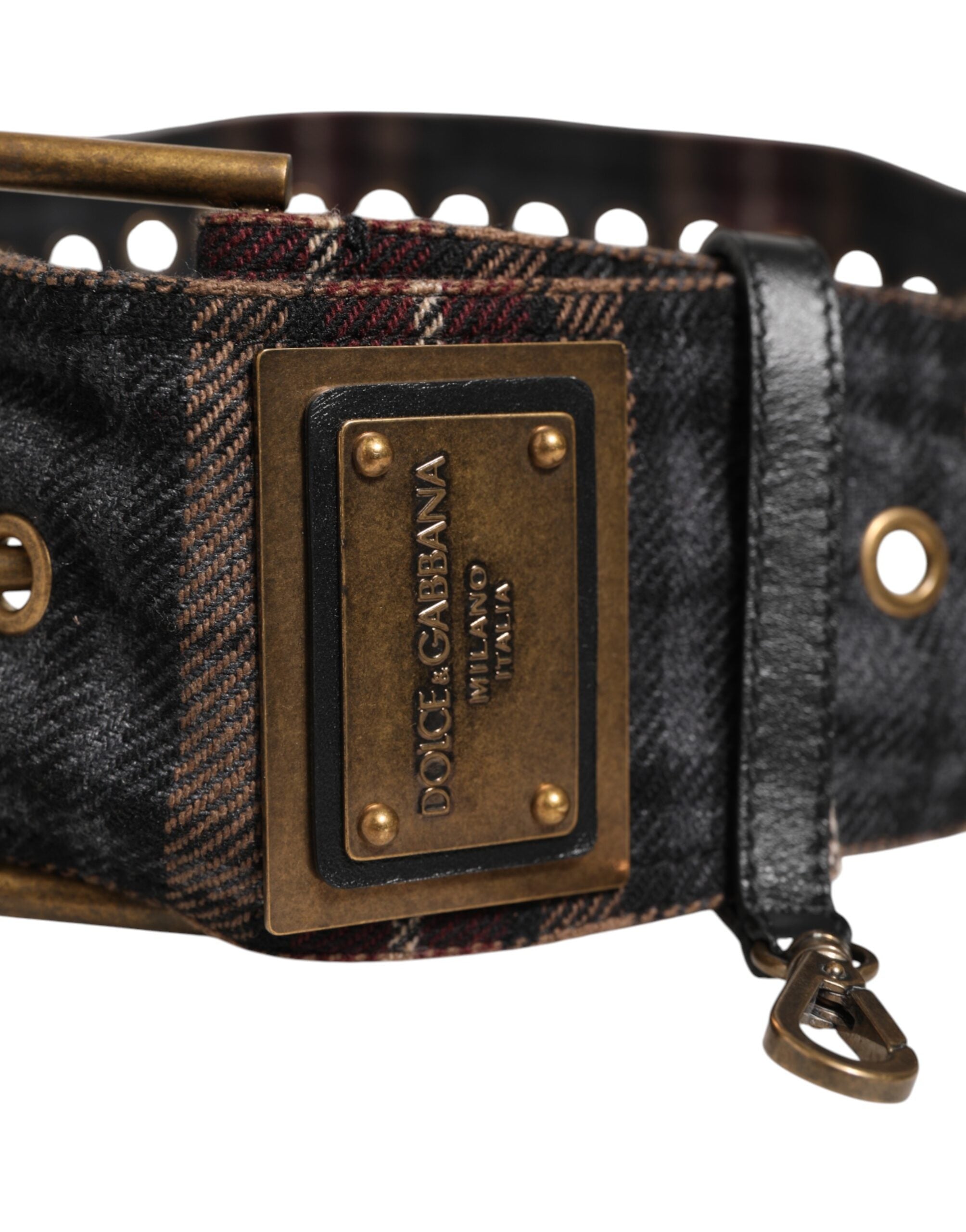 Dolce & Gabbana Plaid Fabric Logo Plate Brass Buckle Belt - Zeiniez