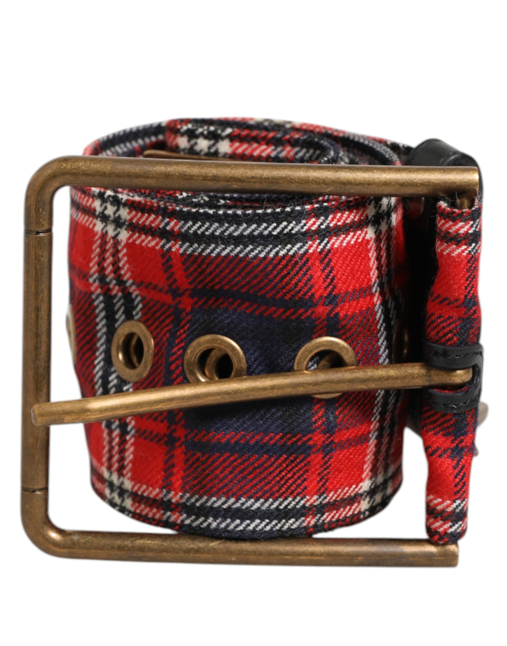 Dolce & Gabbana Red Plaid Fabric Logo Plate Brass Buckle Belt - Zeiniez