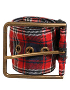 Dolce & Gabbana Red Plaid Fabric Logo Plate Brass Buckle Belt - Zeiniez