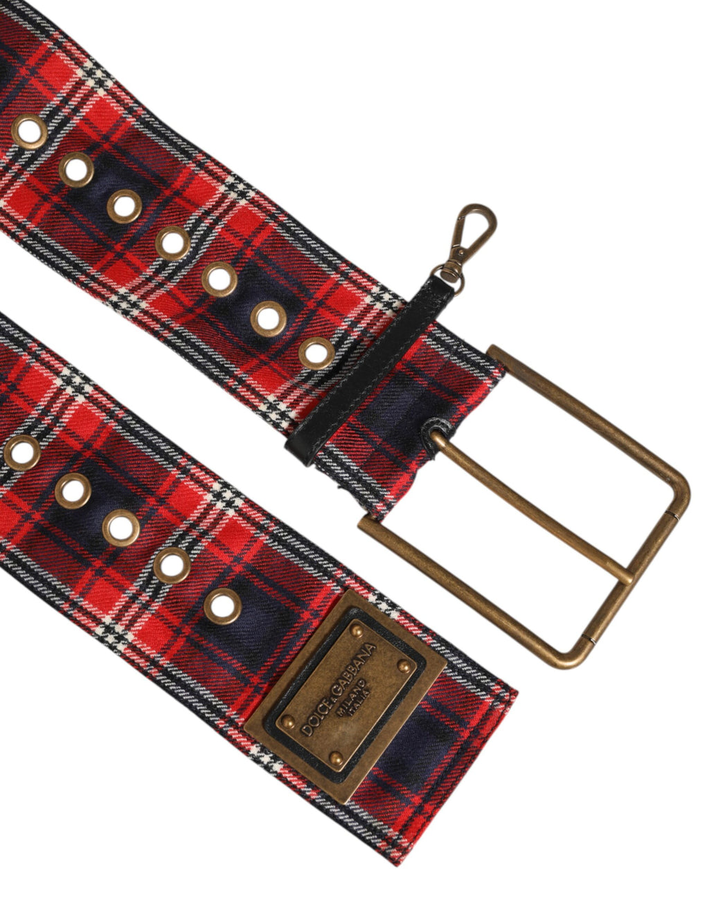 Dolce & Gabbana Red Plaid Fabric Logo Plate Brass Buckle Belt - Zeiniez