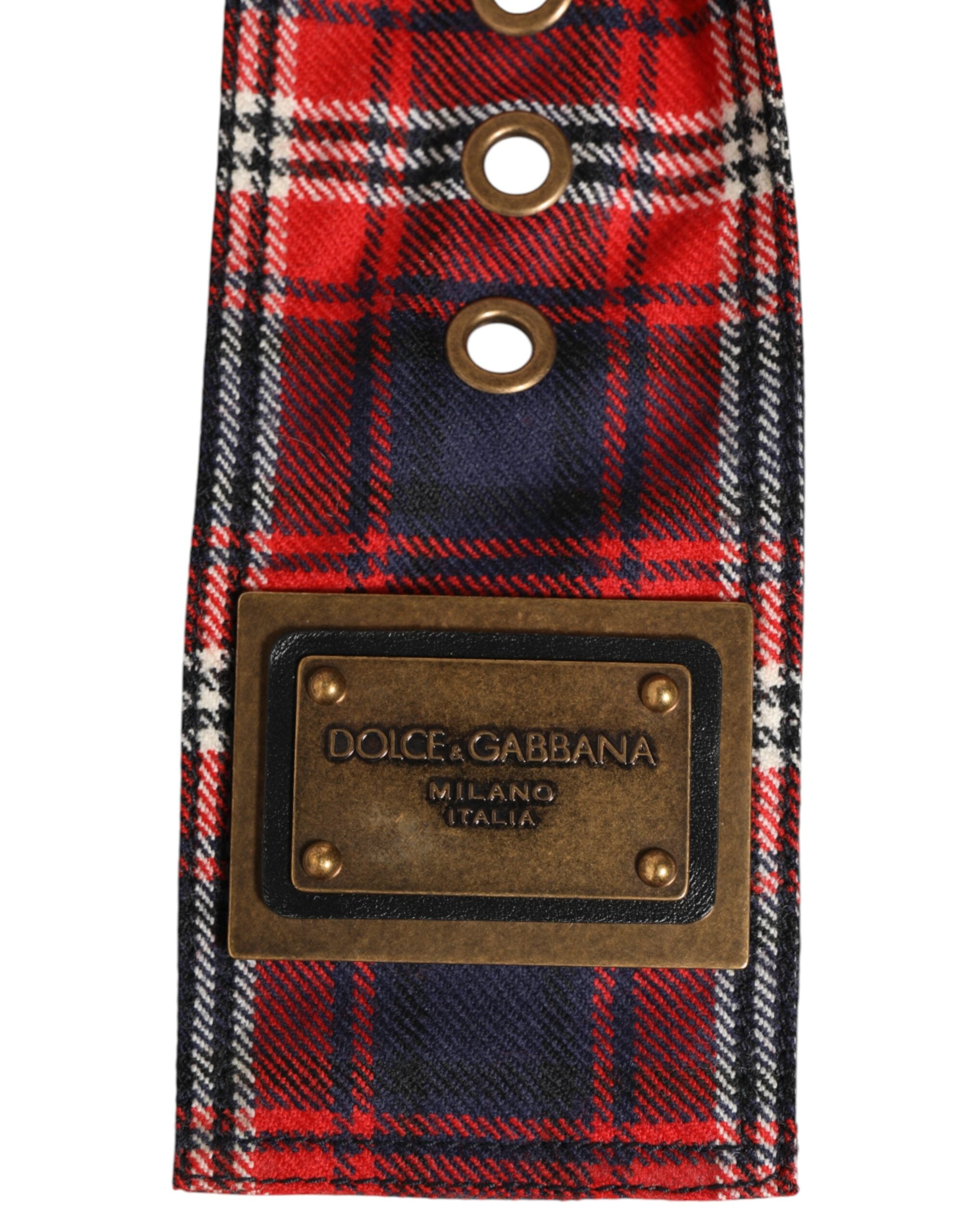 Dolce & Gabbana Red Plaid Fabric Logo Plate Brass Buckle Belt - Zeiniez