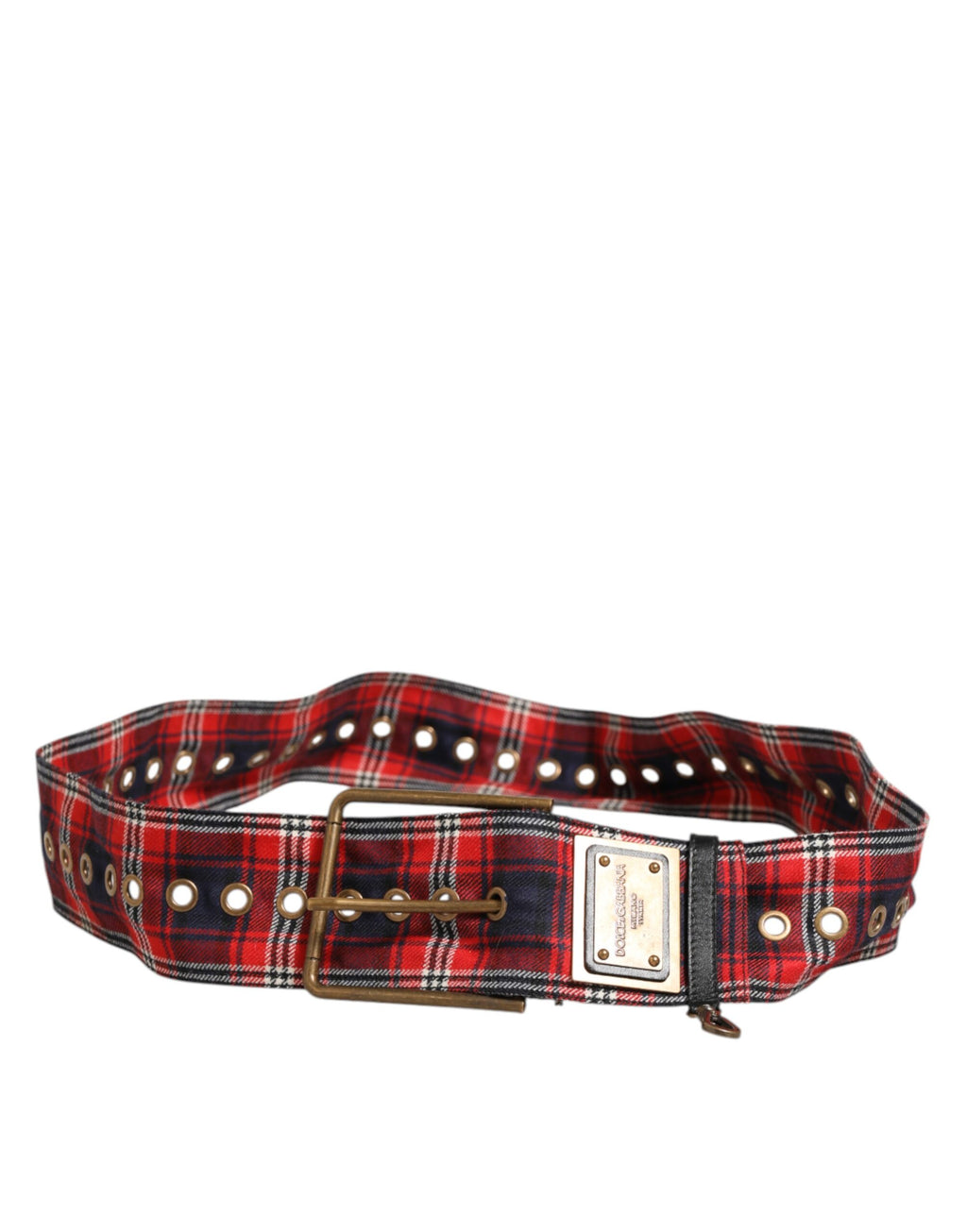 Dolce & Gabbana Red Plaid Fabric Logo Plate Brass Buckle Belt - Zeiniez