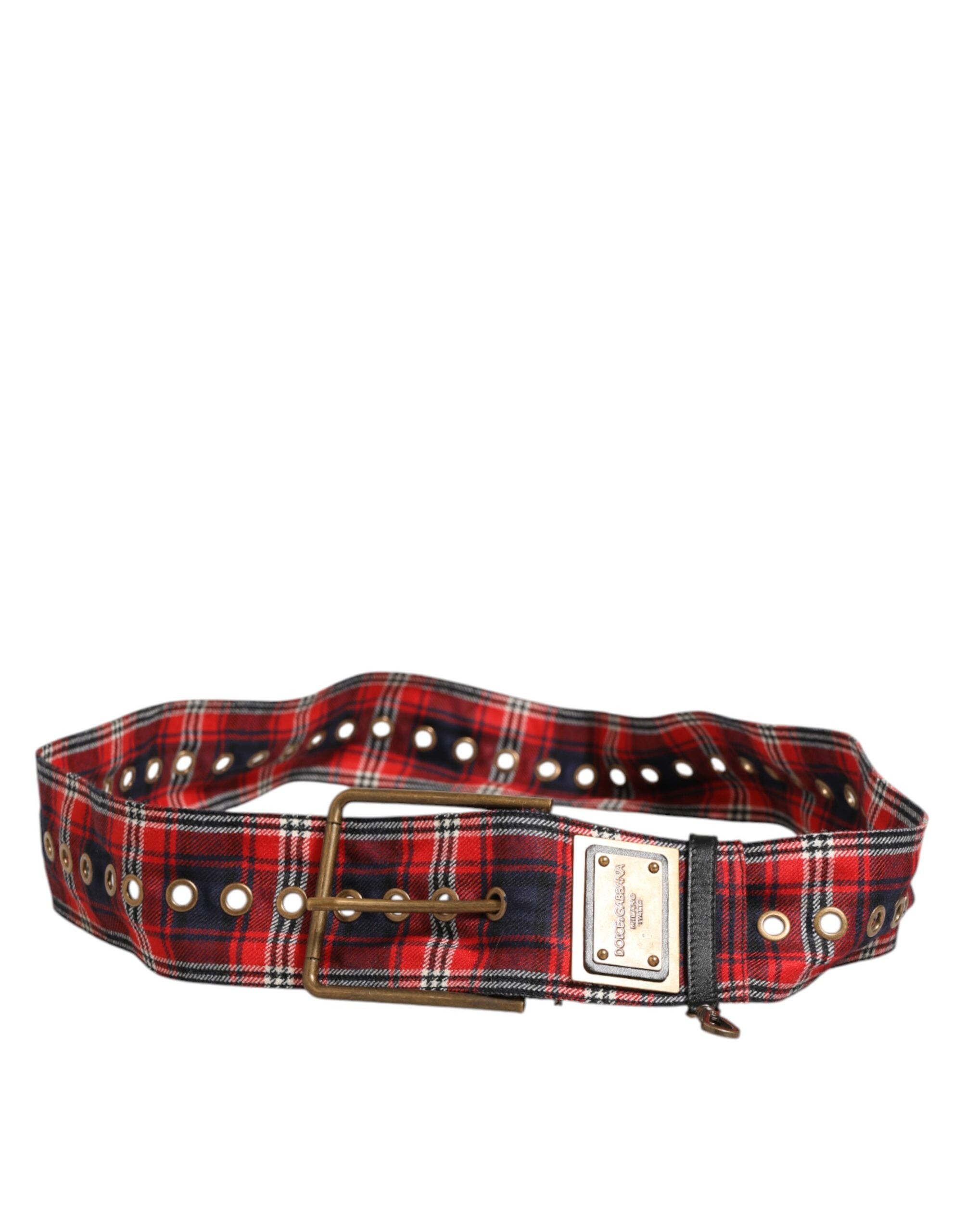 Dolce & Gabbana Red Plaid Fabric Logo Plate Brass Buckle Belt - Zeiniez