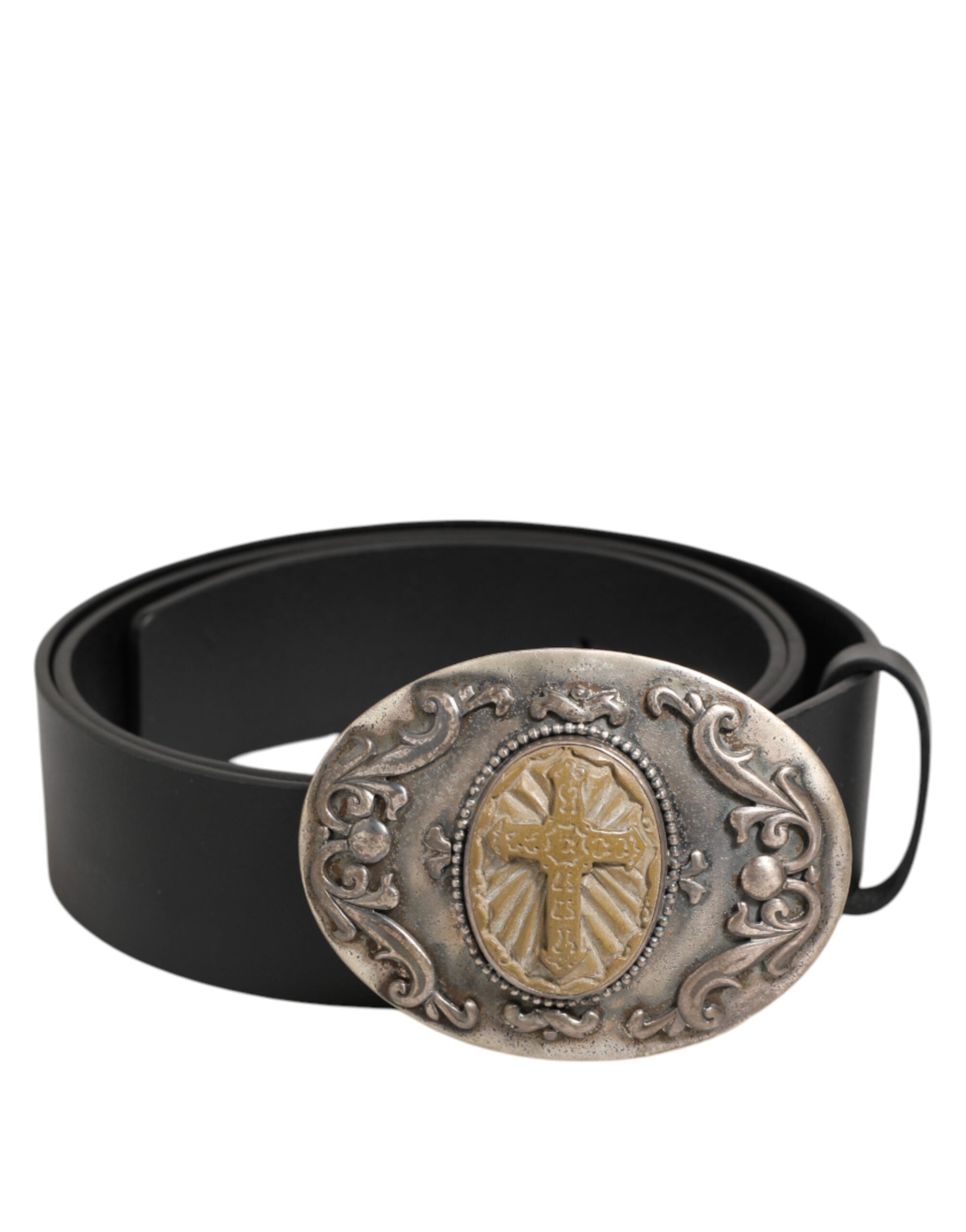 Dolce & Gabbana Black Leather Ornate Metal Buckle Men Belt - Zeiniez