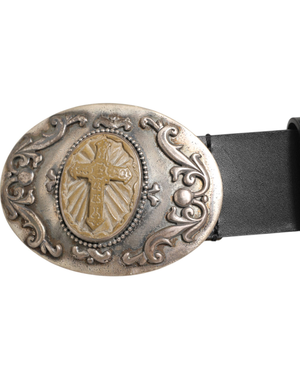 Dolce & Gabbana Black Leather Ornate Metal Buckle Men Belt - Zeiniez