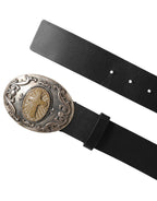 Dolce & Gabbana Black Leather Ornate Metal Buckle Men Belt - Zeiniez
