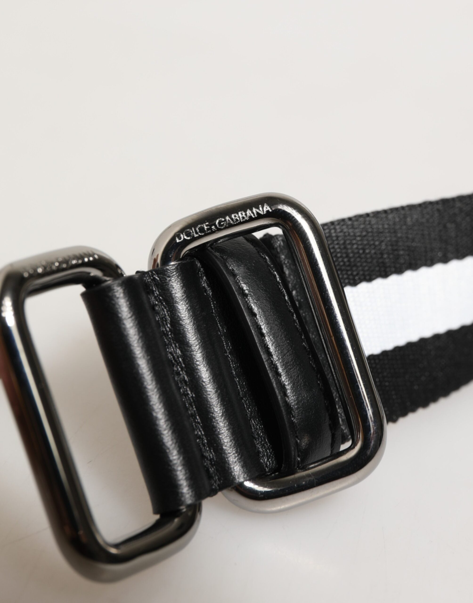 Dolce & Gabbana Black White Striped Logo Metal Buckle Belt - Zeiniez