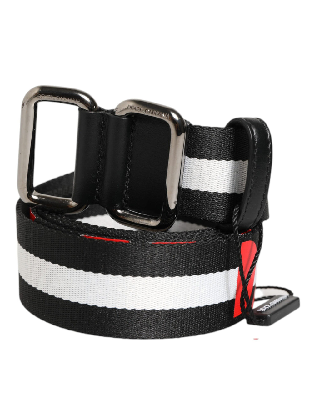 Dolce & Gabbana Black White Striped Logo Metal Buckle Belt - Zeiniez