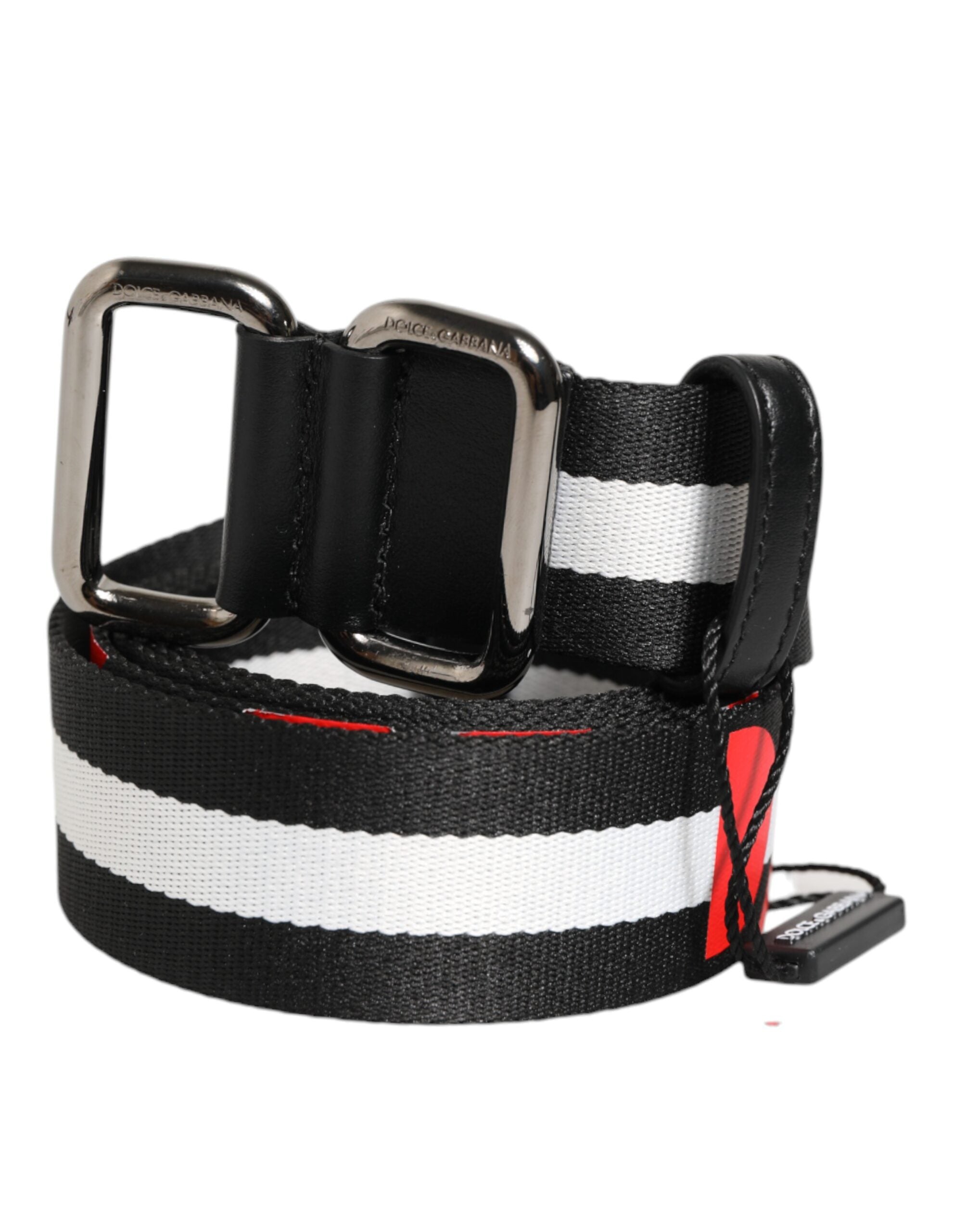 Dolce & Gabbana Black White Striped Logo Metal Buckle Belt - Zeiniez