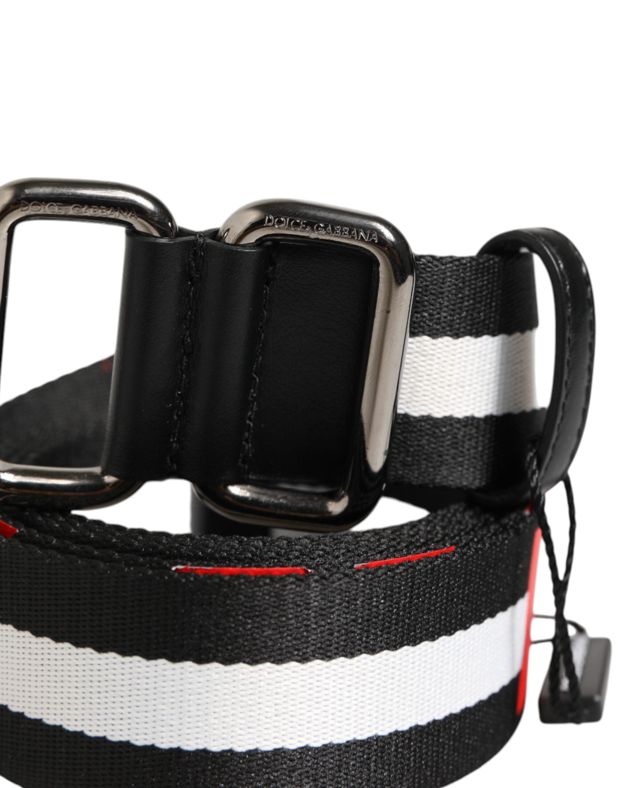 Dolce & Gabbana Black White Striped Logo Metal Buckle Belt - Zeiniez