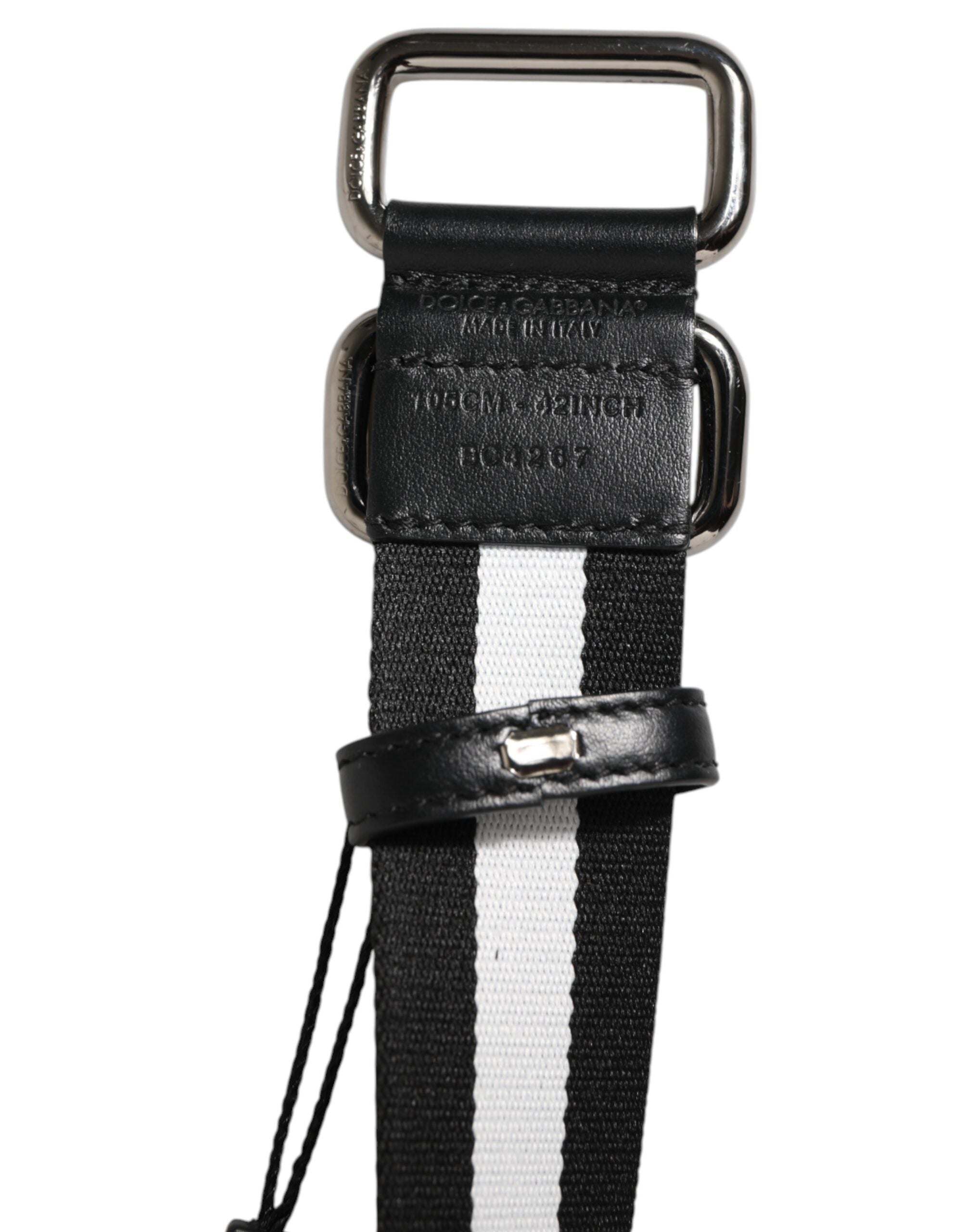 Dolce & Gabbana Black White Striped Logo Metal Buckle Belt - Zeiniez
