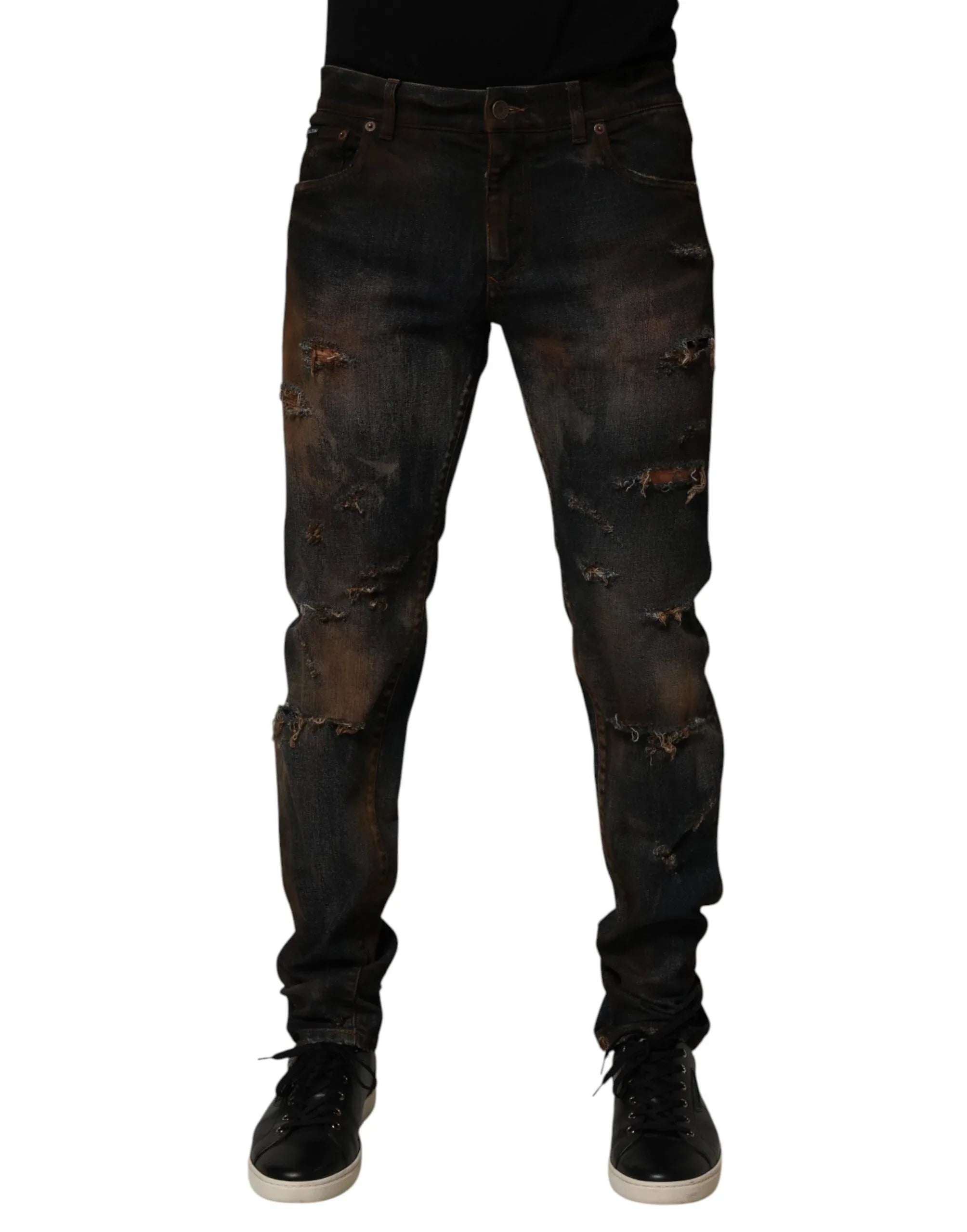 Dolce & Gabbana Black Cotton Skinny Tattered Men Denim Jeans - Zeiniez