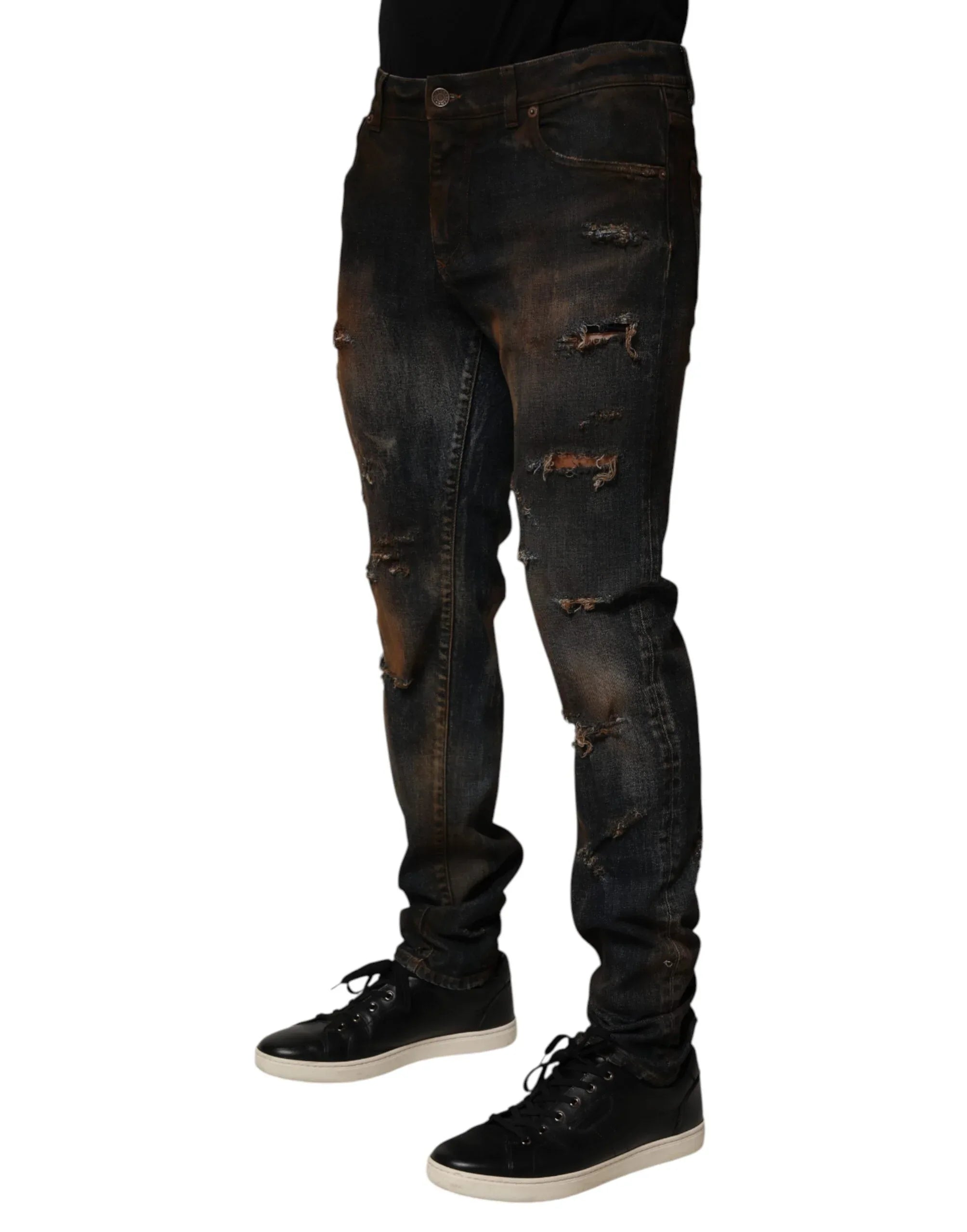 Dolce & Gabbana Black Cotton Skinny Tattered Men Denim Jeans - Zeiniez
