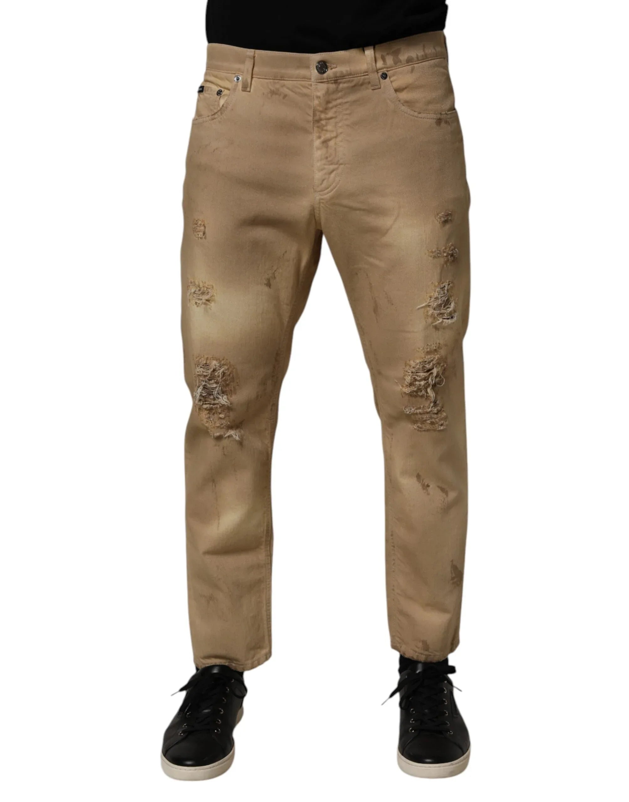 Dolce & Gabbana Beige Cotton Loose Tattered Men Denim Jeans - Zeiniez