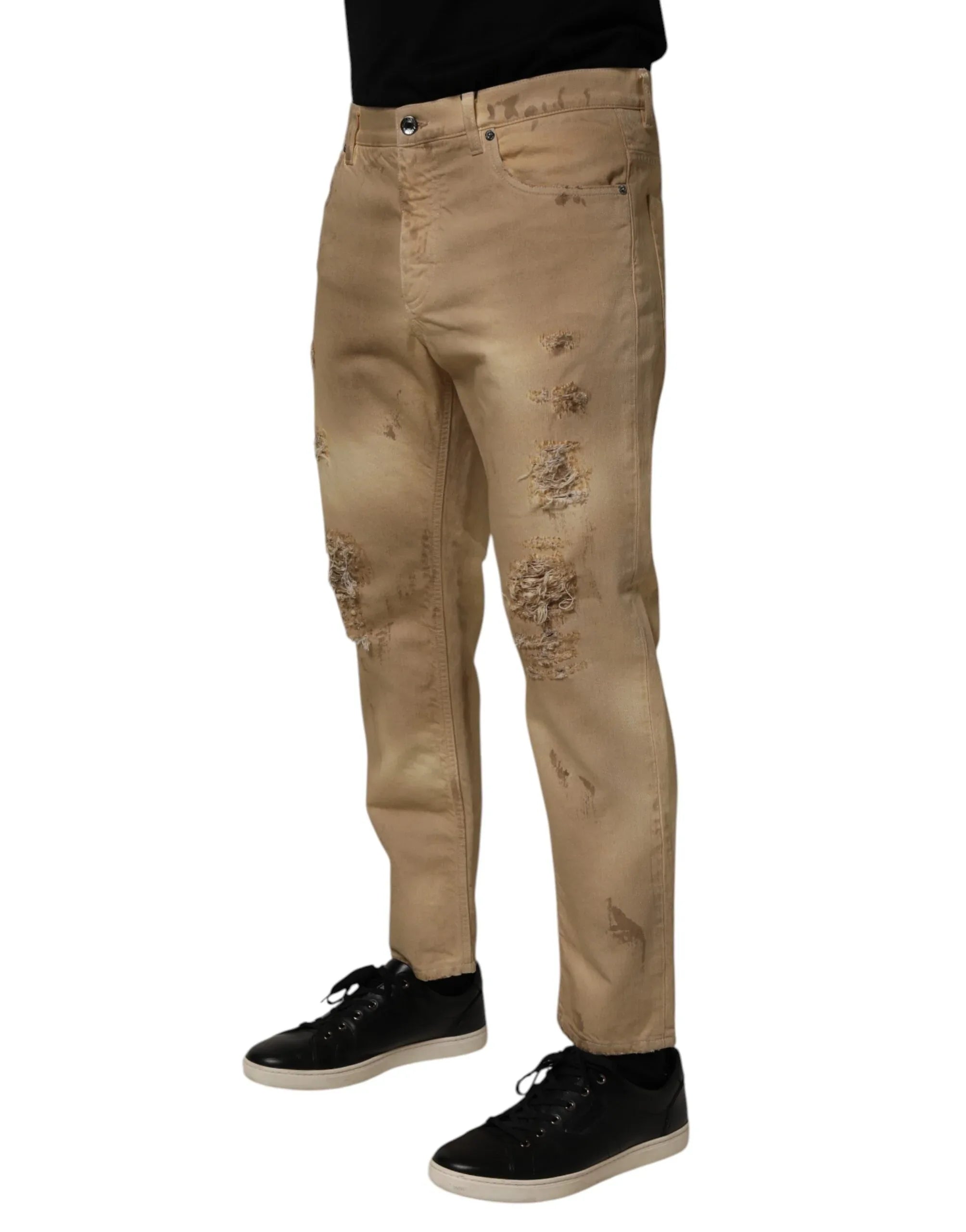 Dolce & Gabbana Beige Cotton Loose Tattered Men Denim Jeans - Zeiniez