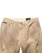 Dolce & Gabbana Beige Cotton Loose Tattered Men Denim Jeans - Zeiniez