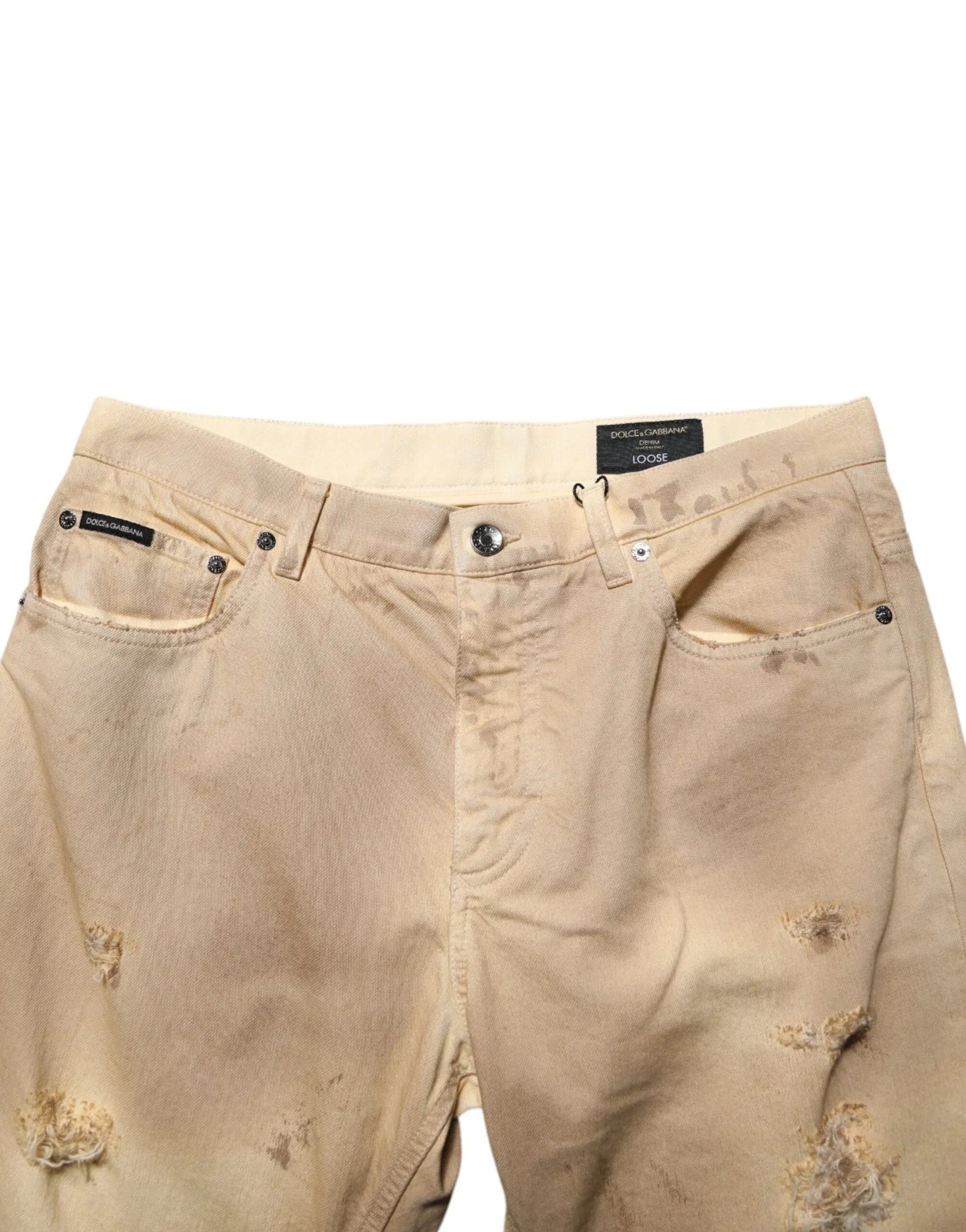 Dolce & Gabbana Beige Cotton Loose Tattered Men Denim Jeans - Zeiniez