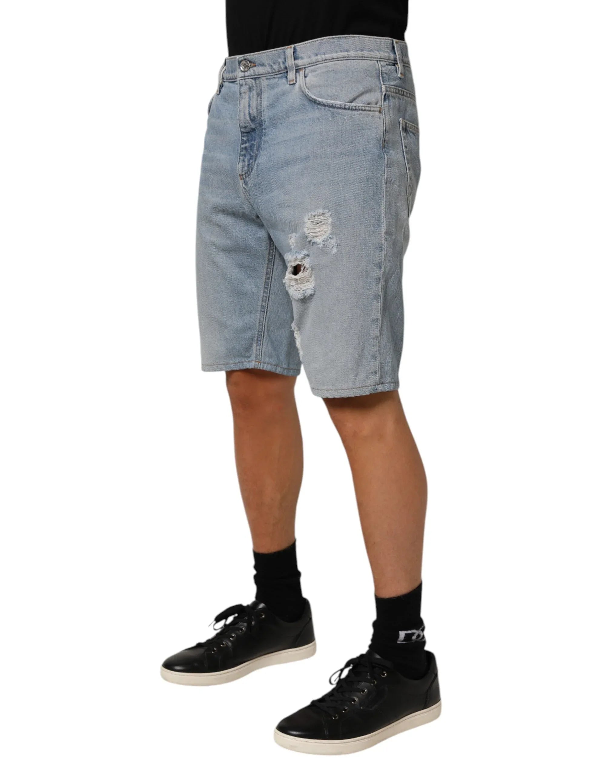 Dolce & Gabbana Blue Cotton Distressed Denim Bermuda Shorts - Zeiniez