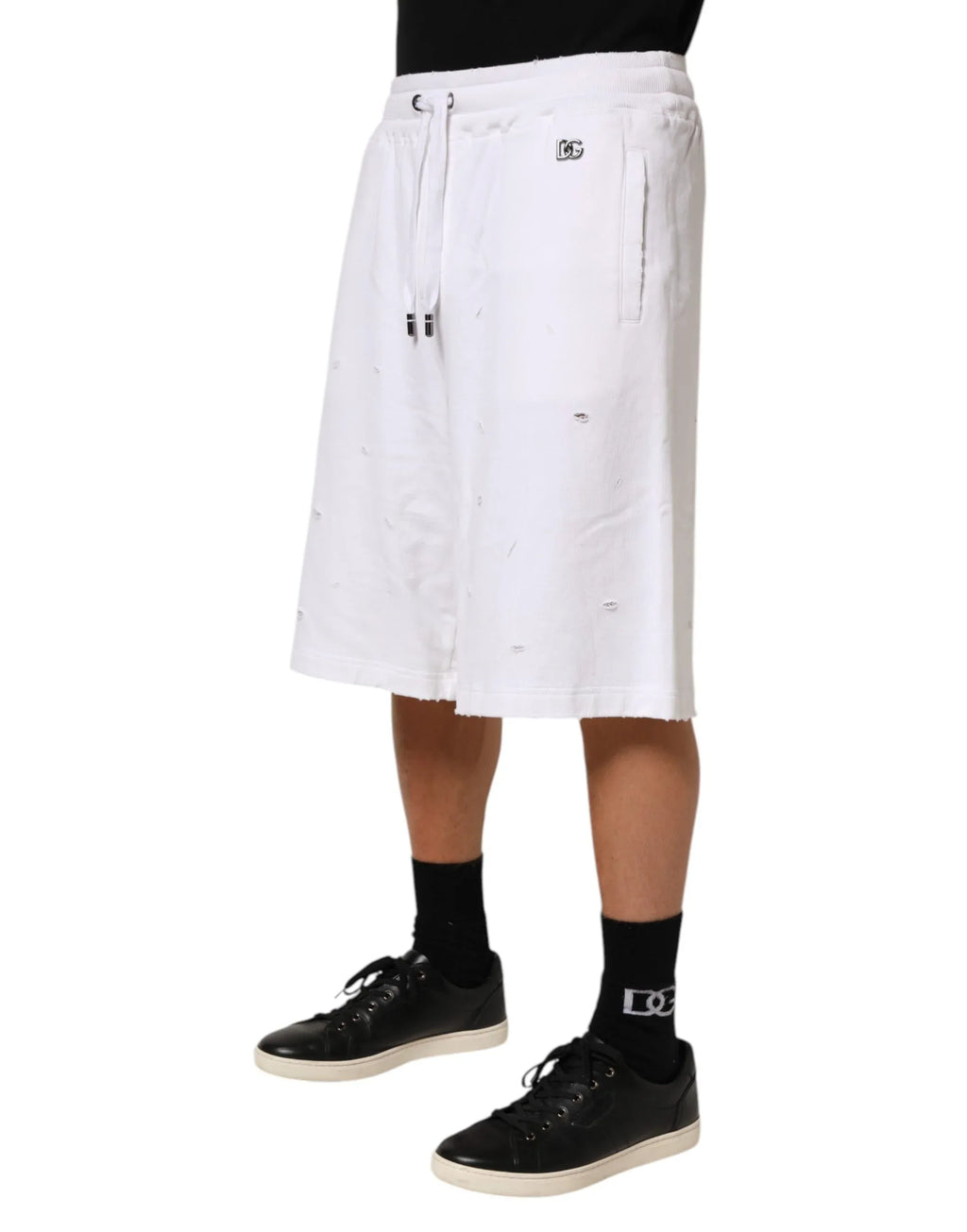 Dolce & Gabbana White Cotton Ripped Bermuda Sweatpants Shorts - Zeiniez