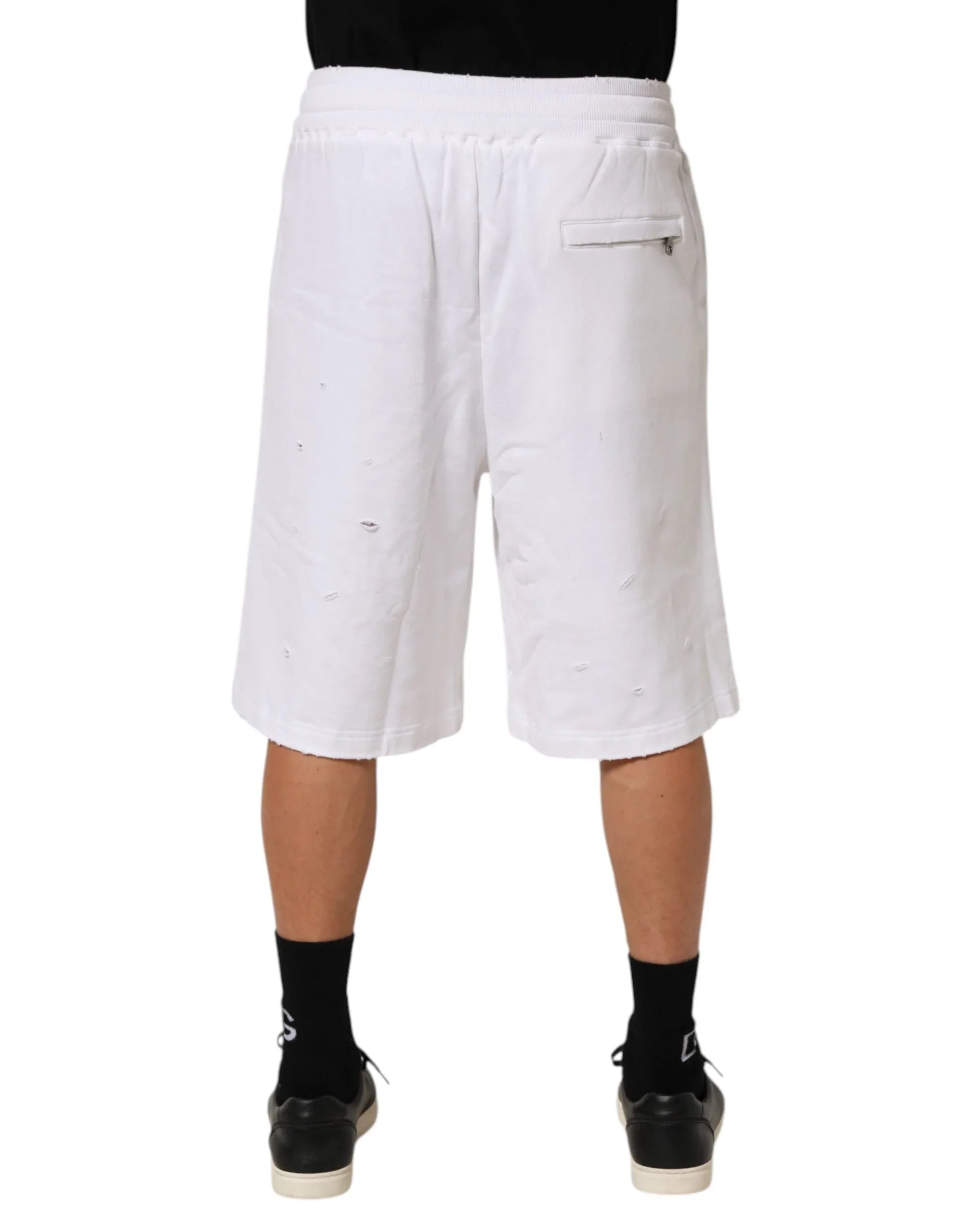 Dolce & Gabbana White Cotton Ripped Bermuda Sweatpants Shorts - Zeiniez