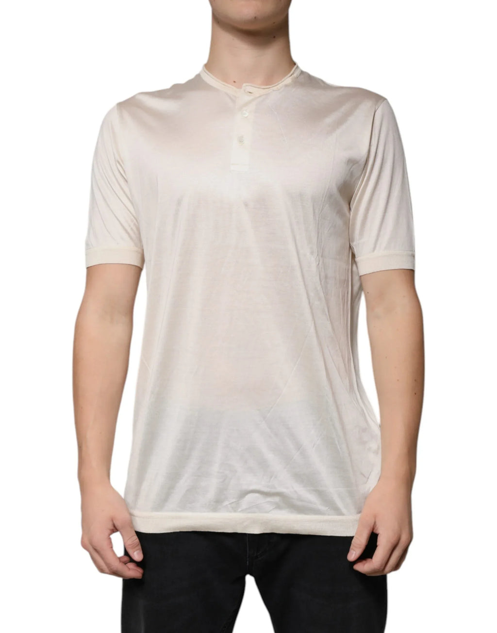 Dolce & Gabbana Off White Silk Henley Short Sleeves T-Shirt - Zeiniez