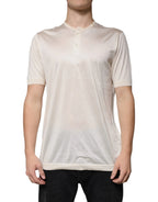 Dolce & Gabbana Off White Silk Henley Short Sleeves T-Shirt - Zeiniez