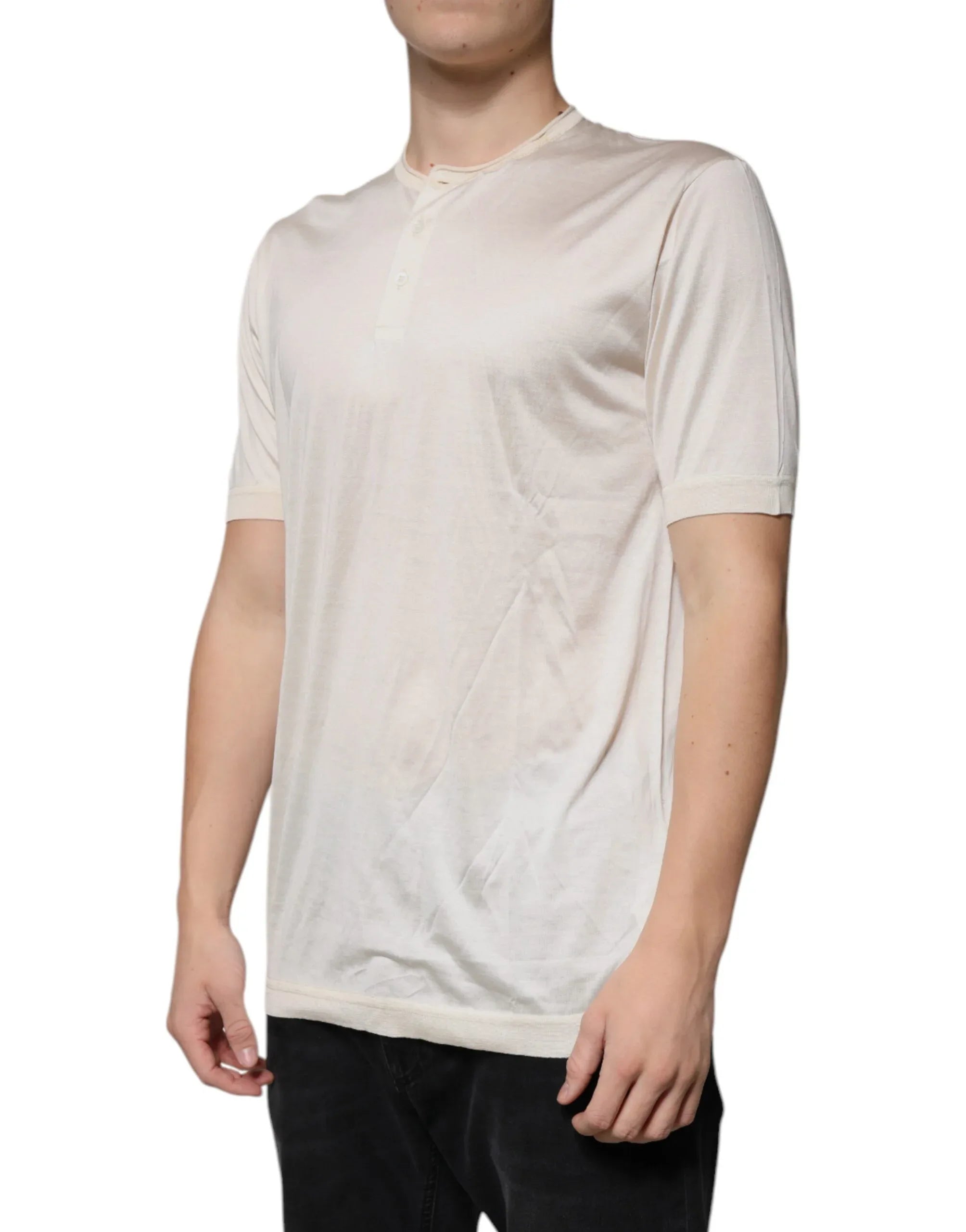 Dolce & Gabbana Off White Silk Henley Short Sleeves T-Shirt - Zeiniez