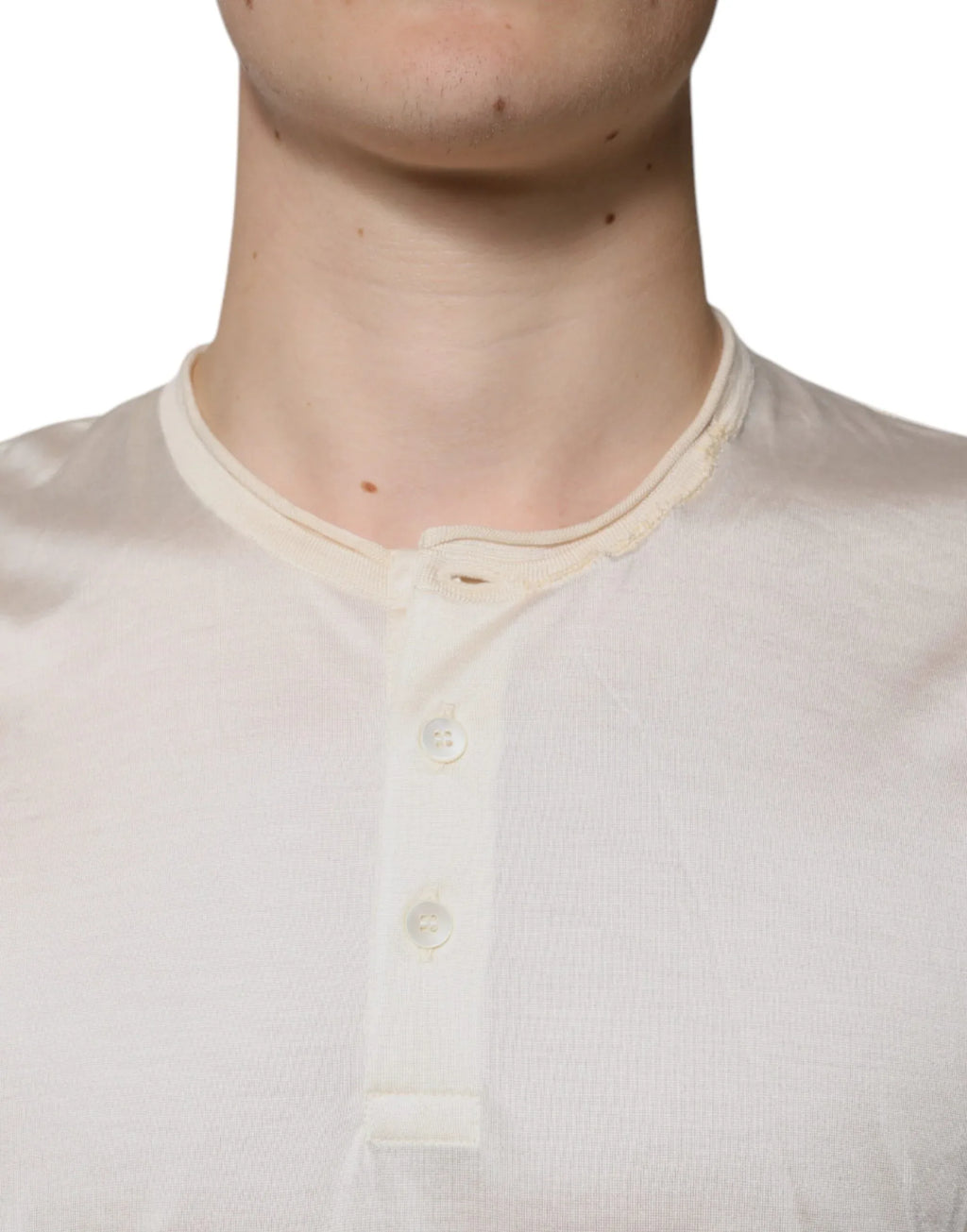 Dolce & Gabbana Off White Silk Henley Short Sleeves T-Shirt - Zeiniez