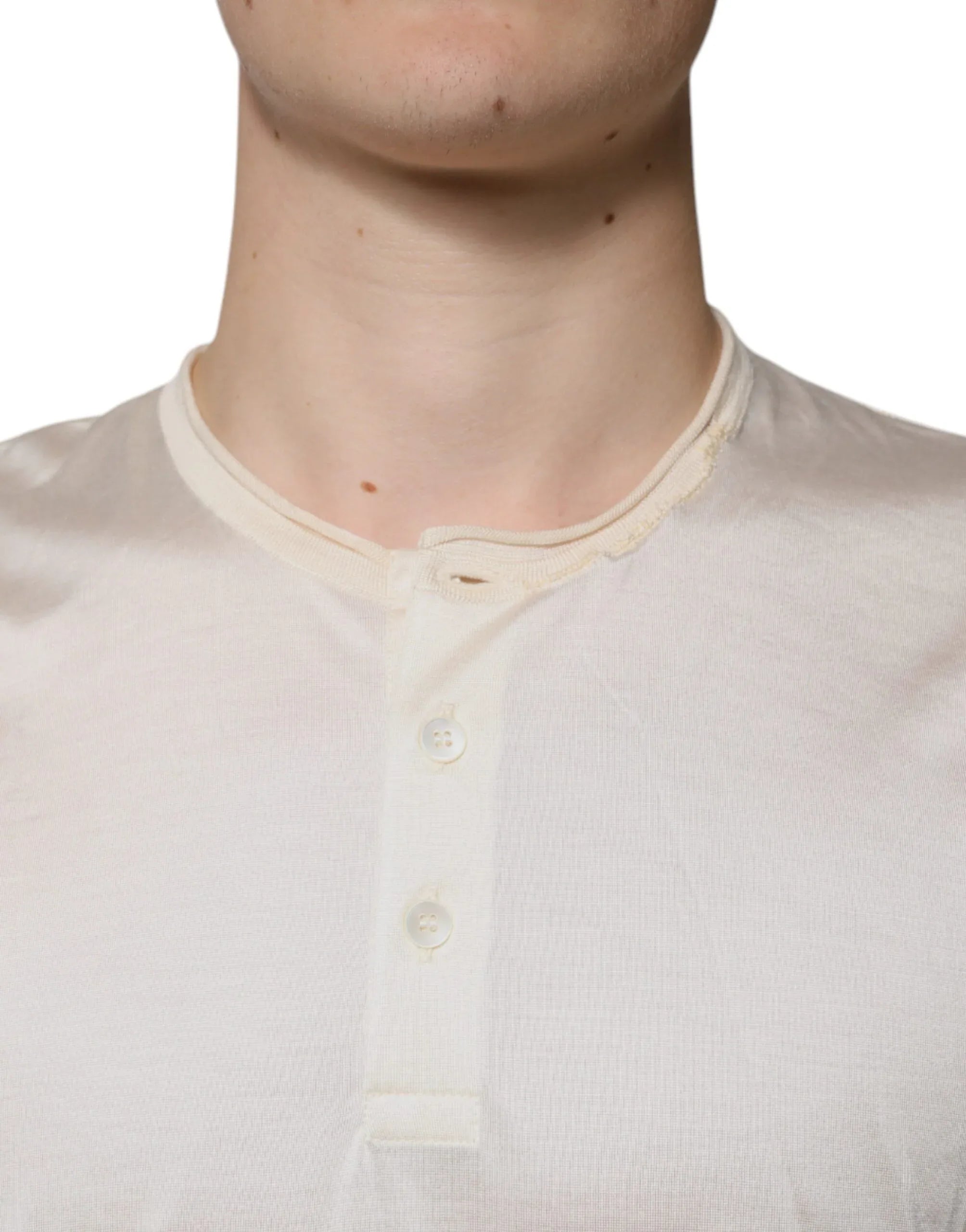 Dolce & Gabbana Off White Silk Henley Short Sleeves T-Shirt - Zeiniez