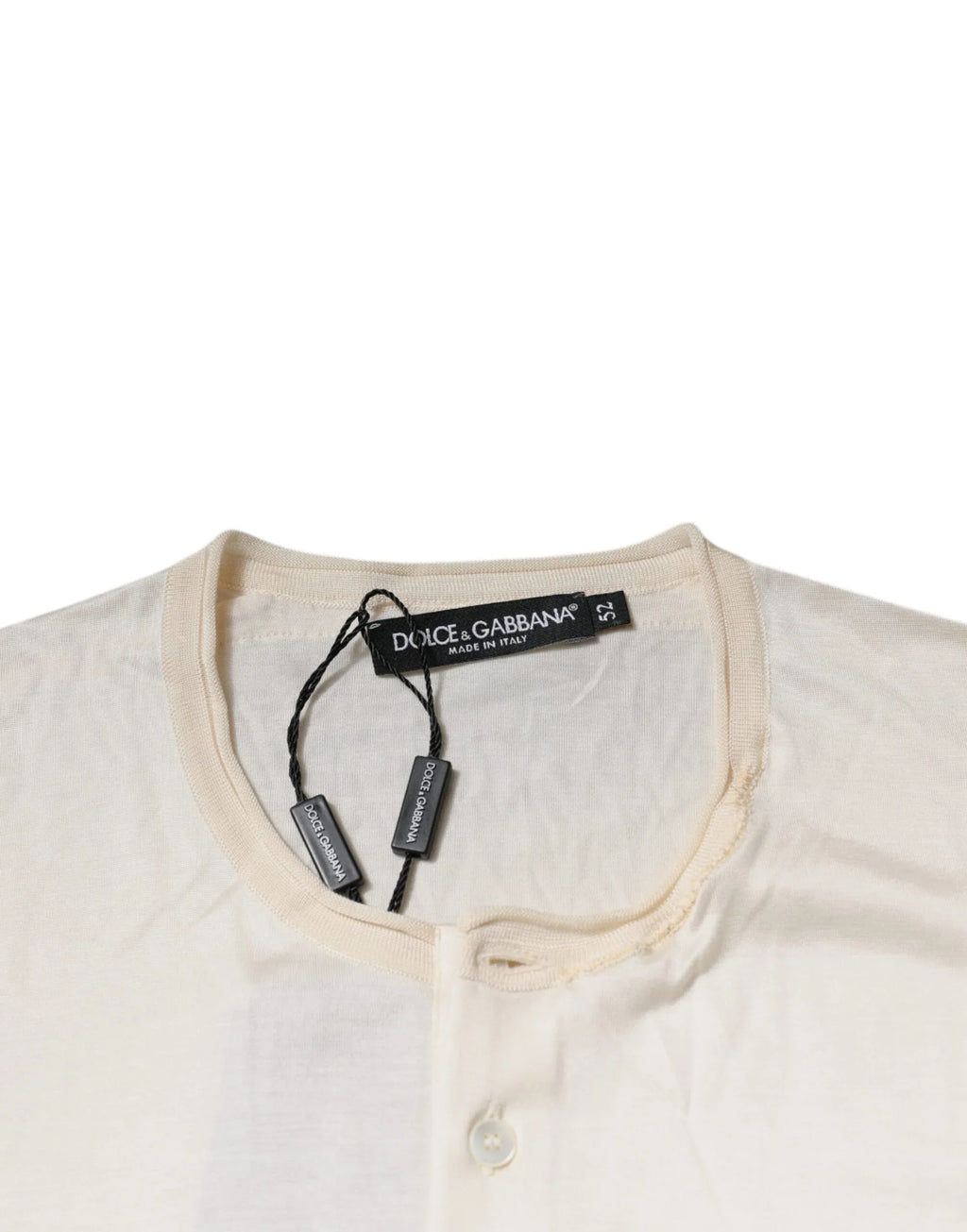 Dolce & Gabbana Off White Silk Henley Short Sleeves T-Shirt - Zeiniez
