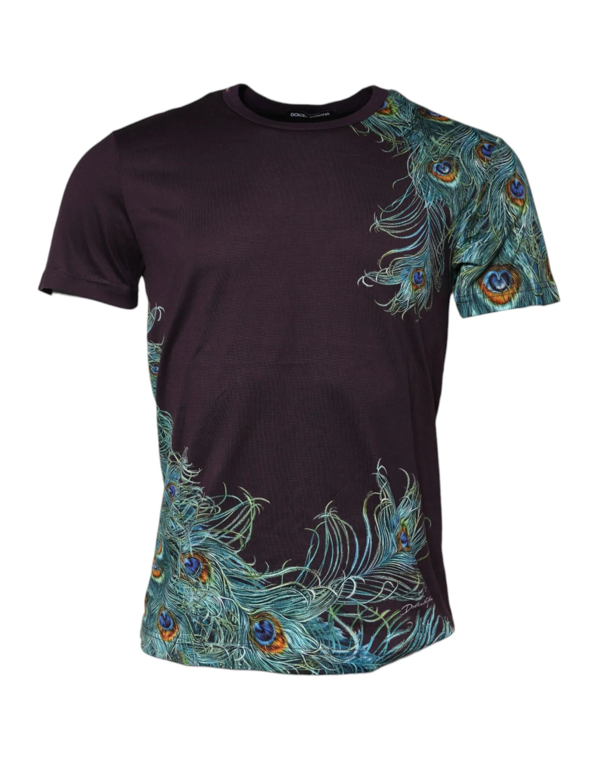 Dolce & Gabbana Violet Peacock Feather Men Crew Neck T-Shirt - Zeiniez
