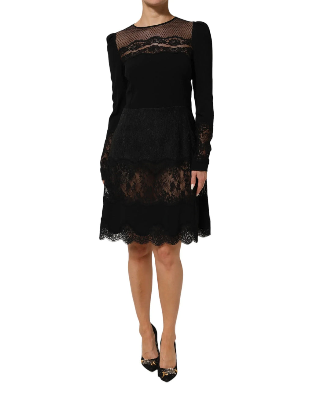 Dolce & Gabbana Black Floral Lace Trim Sheath A-line Dress - Zeiniez