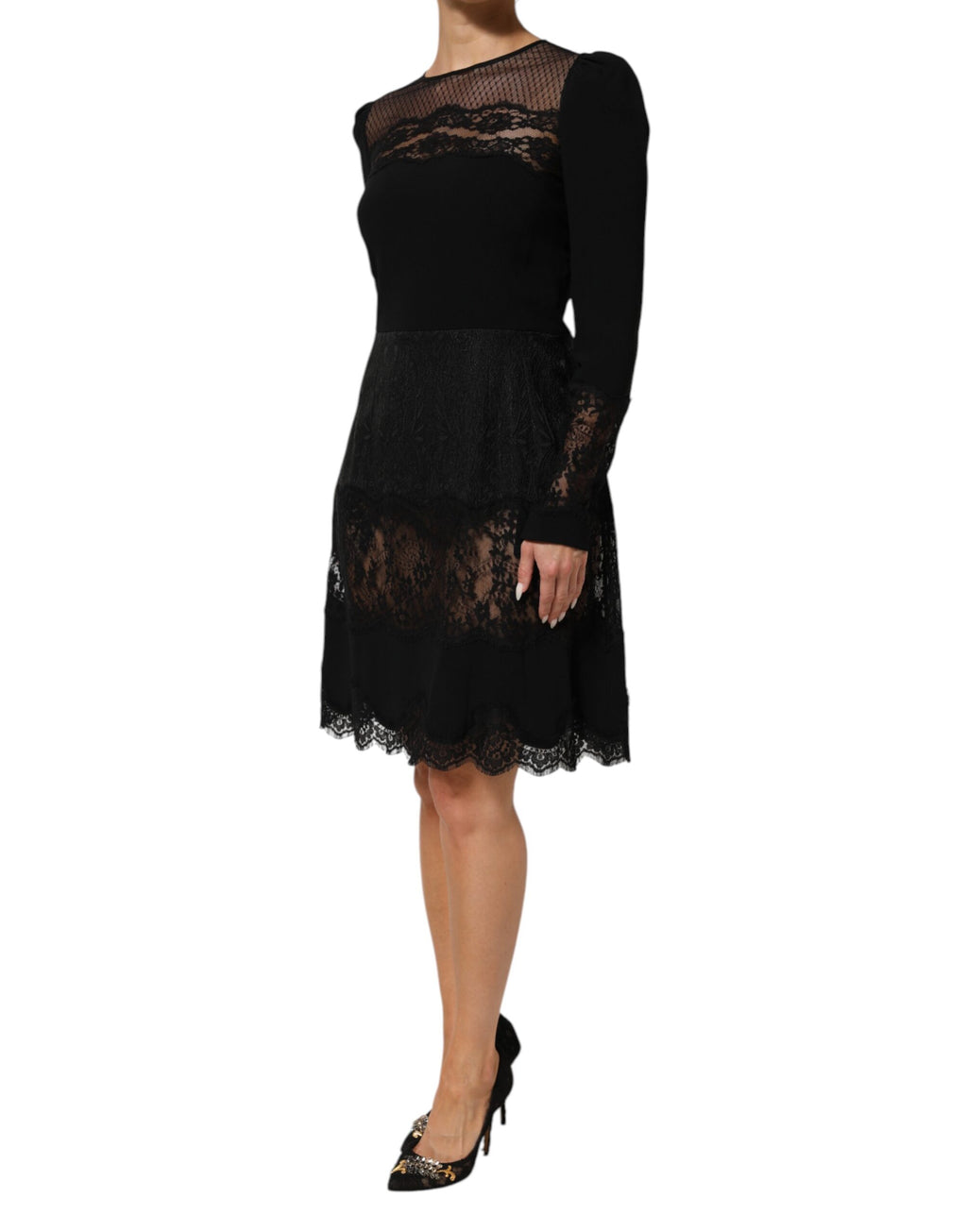 Dolce & Gabbana Black Floral Lace Trim Sheath A-line Dress