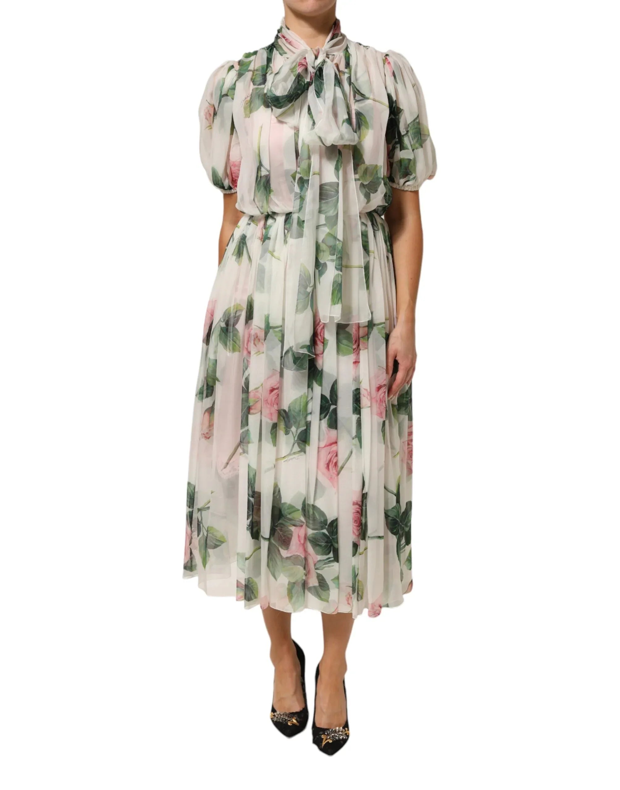 Dolce & Gabbana White Floral Print Silk Pleated Midi Dress - Zeiniez