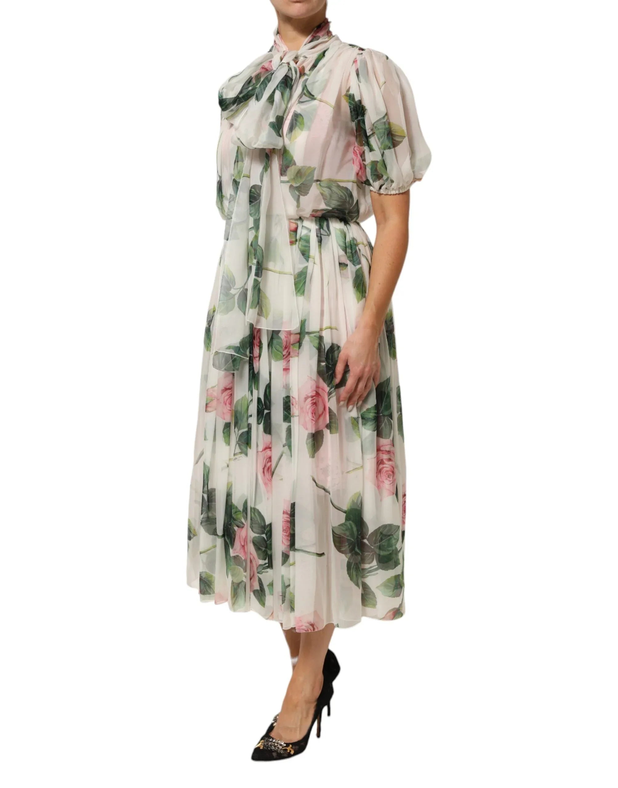 Dolce & Gabbana White Floral Print Silk Pleated Midi Dress - Zeiniez