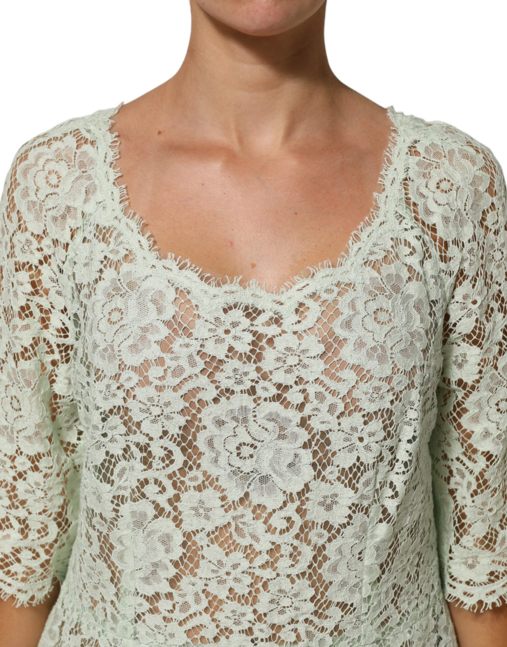 Dolce & Gabbana Mint Green Floral Lace Trim Midi Dress