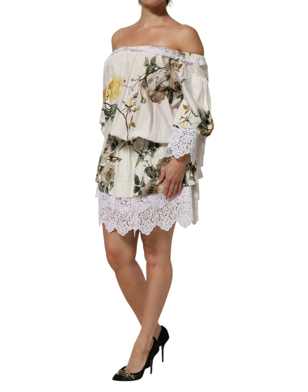 Dolce & Gabbana White Floral Lace Off Shoulder Mini Dress - Zeiniez