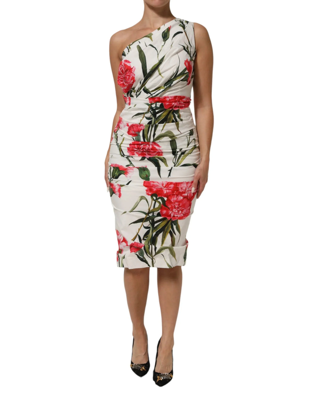 Dolce & Gabbana White Floral One Shoulder Sheath Dress - Zeiniez