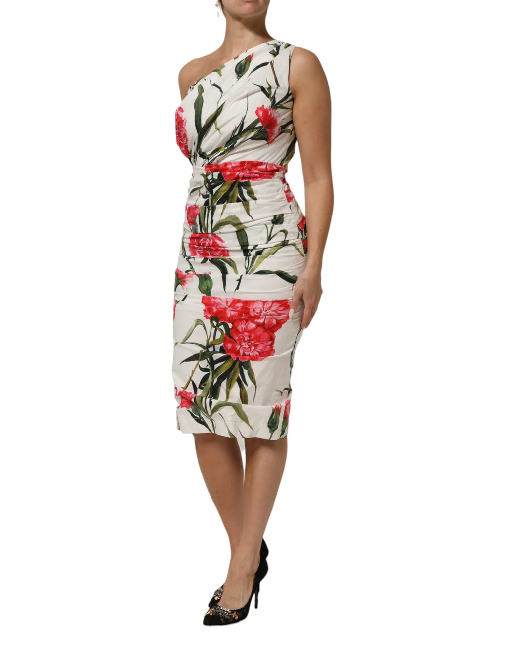Dolce & Gabbana White Floral One Shoulder Sheath Dress - Zeiniez